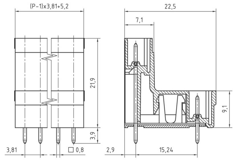 Technisches Diagramm einer elektronischen Komponente mit den Abmessungen: 22,5 mm Breite, 21,9 mm Höhe, 15,24 mm Tiefe, mit Anschlüssen.