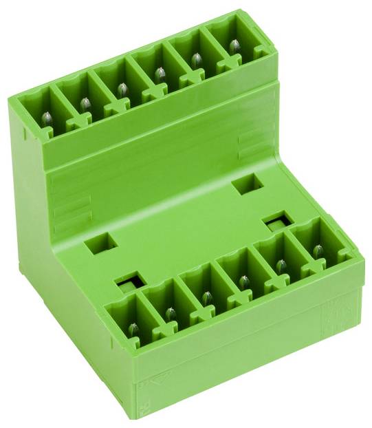 Ein grüner modularer Stecker mit mehreren Steckplätzen für elektrische oder elektronische Verbindungen.