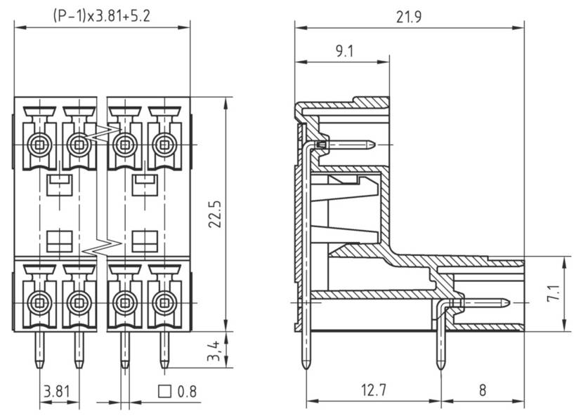 Technische Zeichnung eines Steckers mit genauen Abmessungen.
