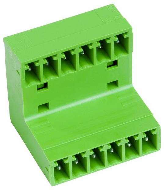 Grüner Klemmblock mit mehreren Anschlussplätzen für elektrische Verbindungen, zum Montieren auf einer Leiterplatte ausgelegt.