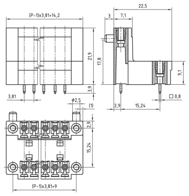 Technisches Diagramm einer elektronischen Komponente mit mehreren Ansichten, das Abmessungen, Steckerkonfigurationen und detaillierte Messungen zeigt.
