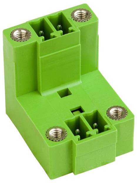Grüner Kunststoff-Klemmblock mit vier Metallschraubklemmen, verwendet zum Befestigen von Drähten in elektrischen Installationen.