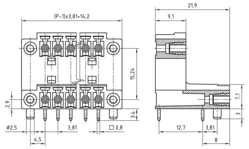 Technisches Schaltplan eines elektronischen Steckers. Zeigt detaillierte Abmessungen: Draufsicht Breite 15,24 mm, Stiftabstand 3,81 mm, Seitenansicht Höhe 21,9 mm.