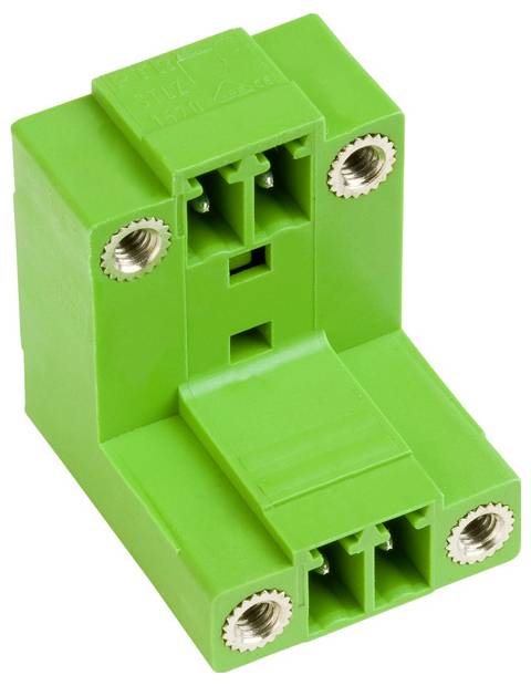 Ein grüner elektrischer Anschlussblock mit vier Schraubklemmen und zwei zentralen Anschlüssen, entwickelt zum Befestigen von Elektrokabeln.