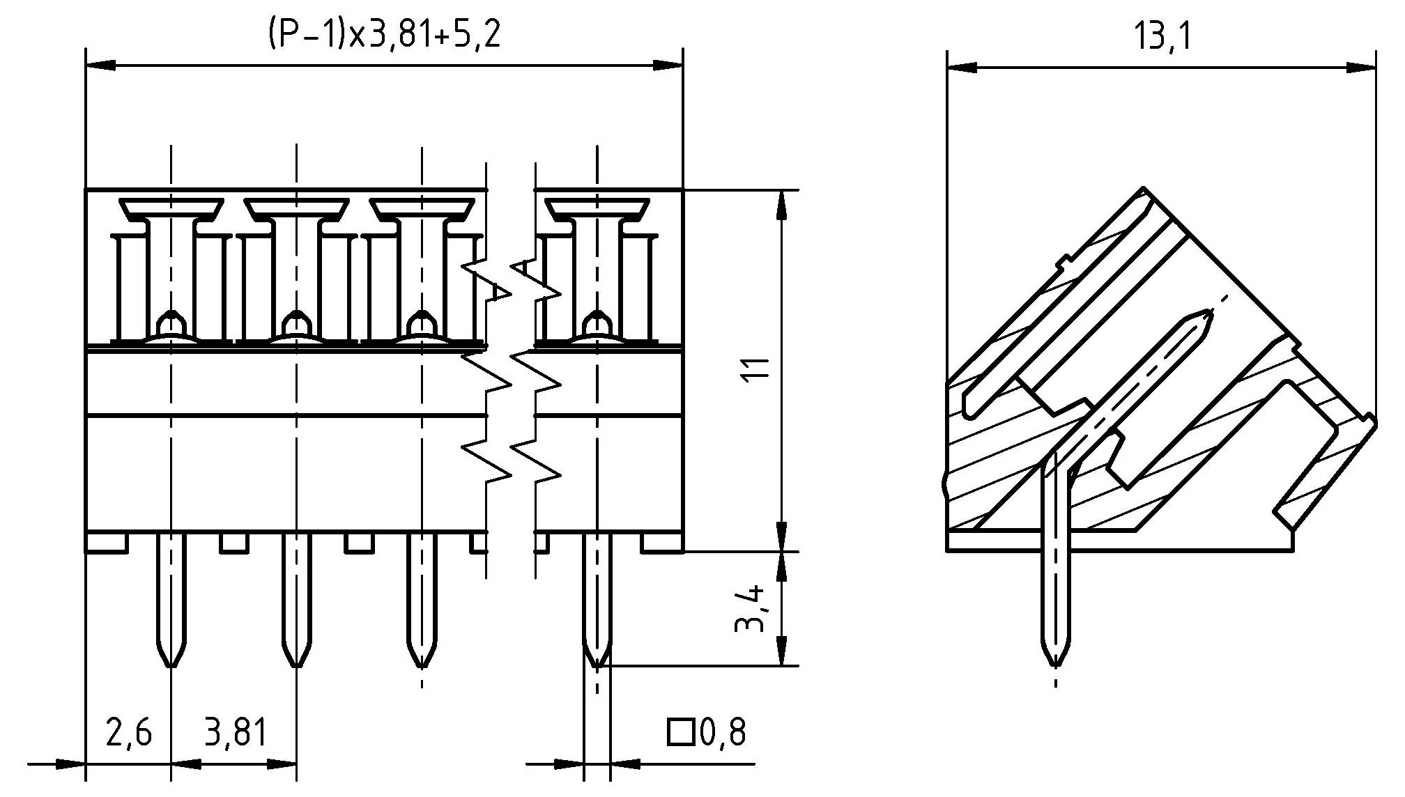 Technische Zeichnung eines Steckers mit Abmessungen. Die Vorderansicht zeigt den Pinabstand und die Gesamthöhe von 11 mm. Die Seitenansicht zeigt eine Breite von 13,1 mm.