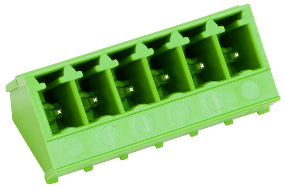 Grünes elektronisches Klemmleistenblock mit sechs Anschlussöffnungen zum Verdrahten.