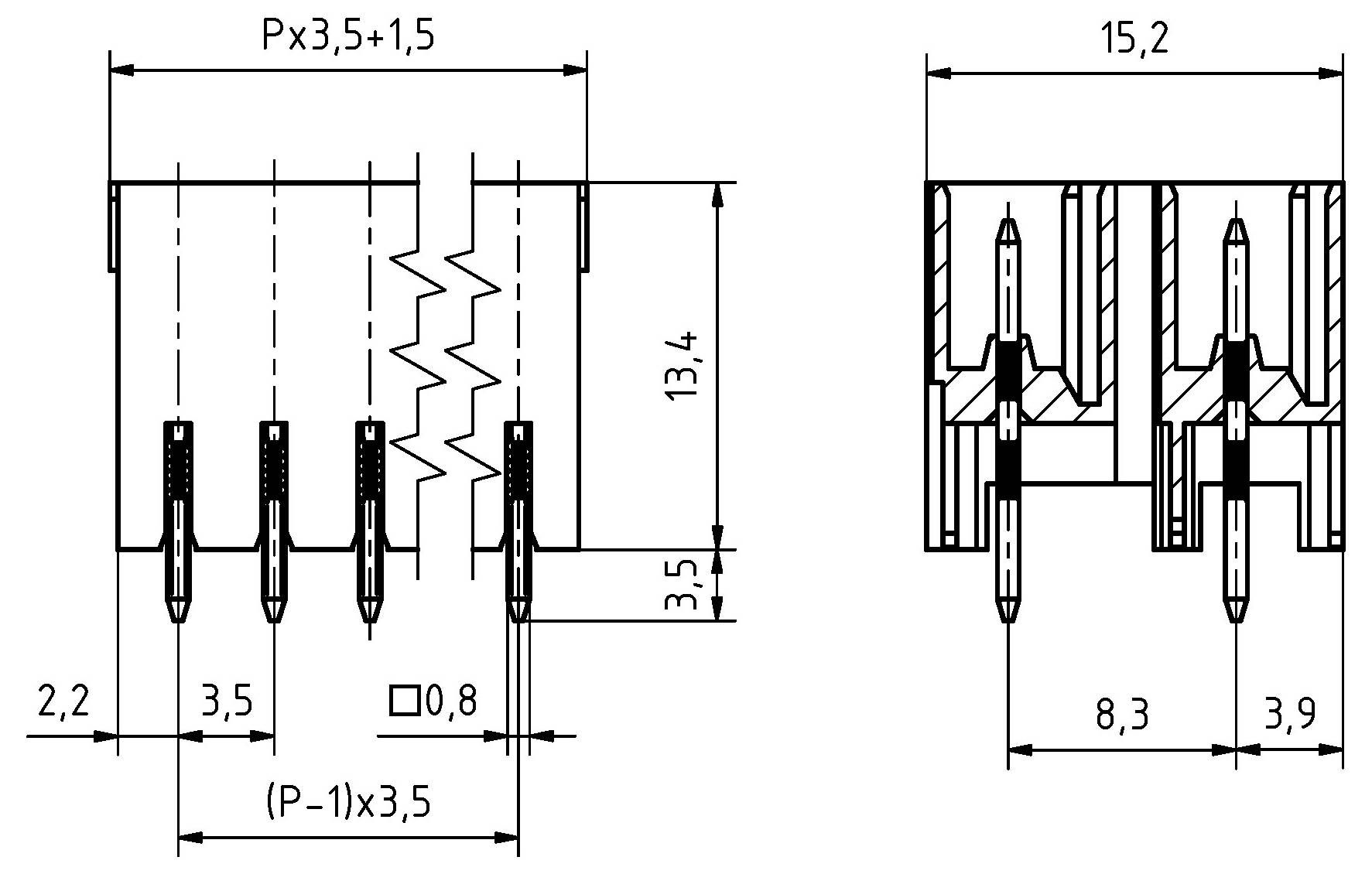 Diagramm eines elektrischen Bauteils mit Abmessungen: 13,4 Höhe, 15,2 Breite und Stiftabstand Px3,5+1,5. Detaillierte Schnittansicht enthalten.