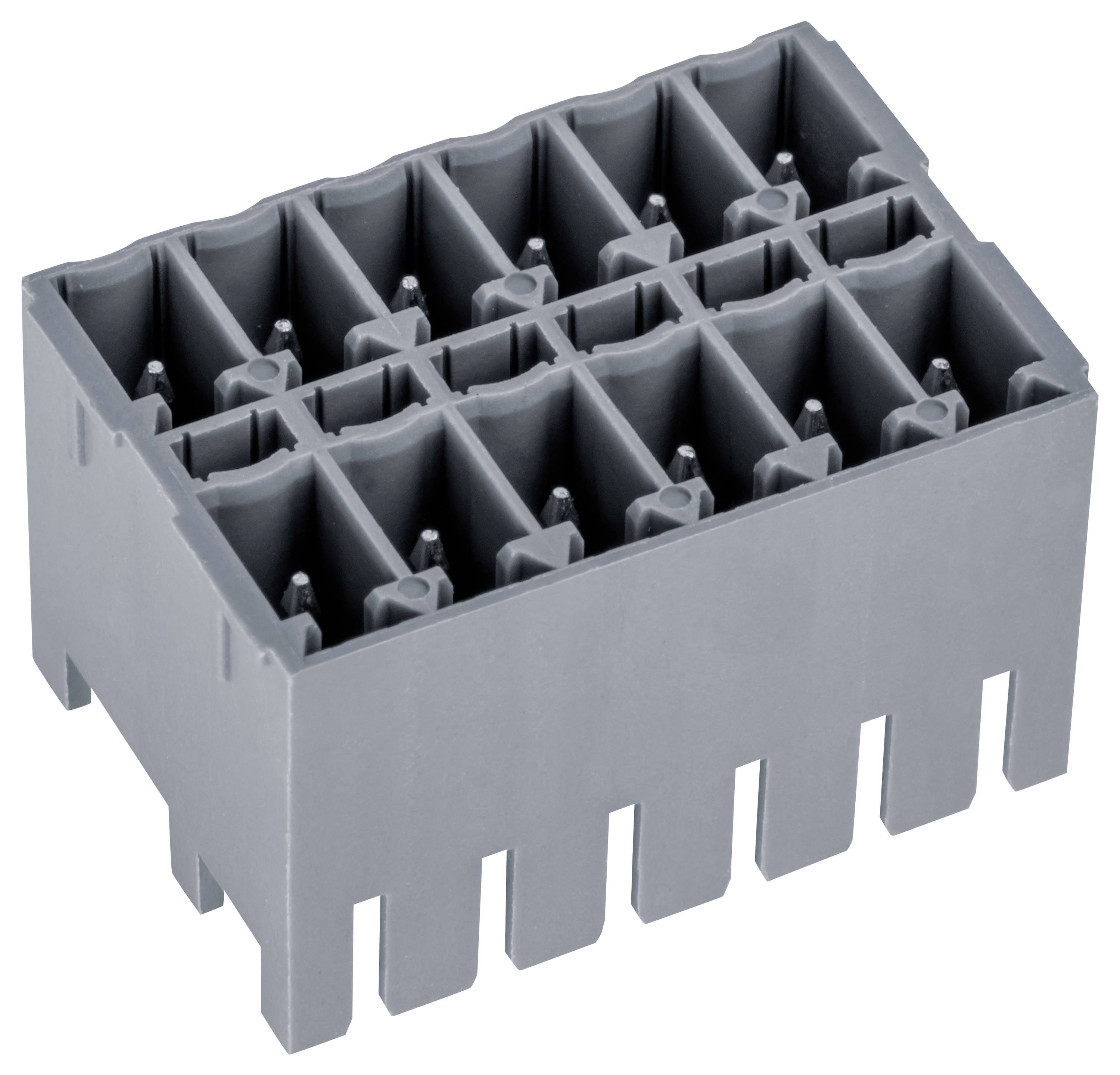 Ein grauer, rechteckiger Kunststoff-Steckverbinder mit mehreren Schlitzen, verwendet für elektrische Verbindungen.