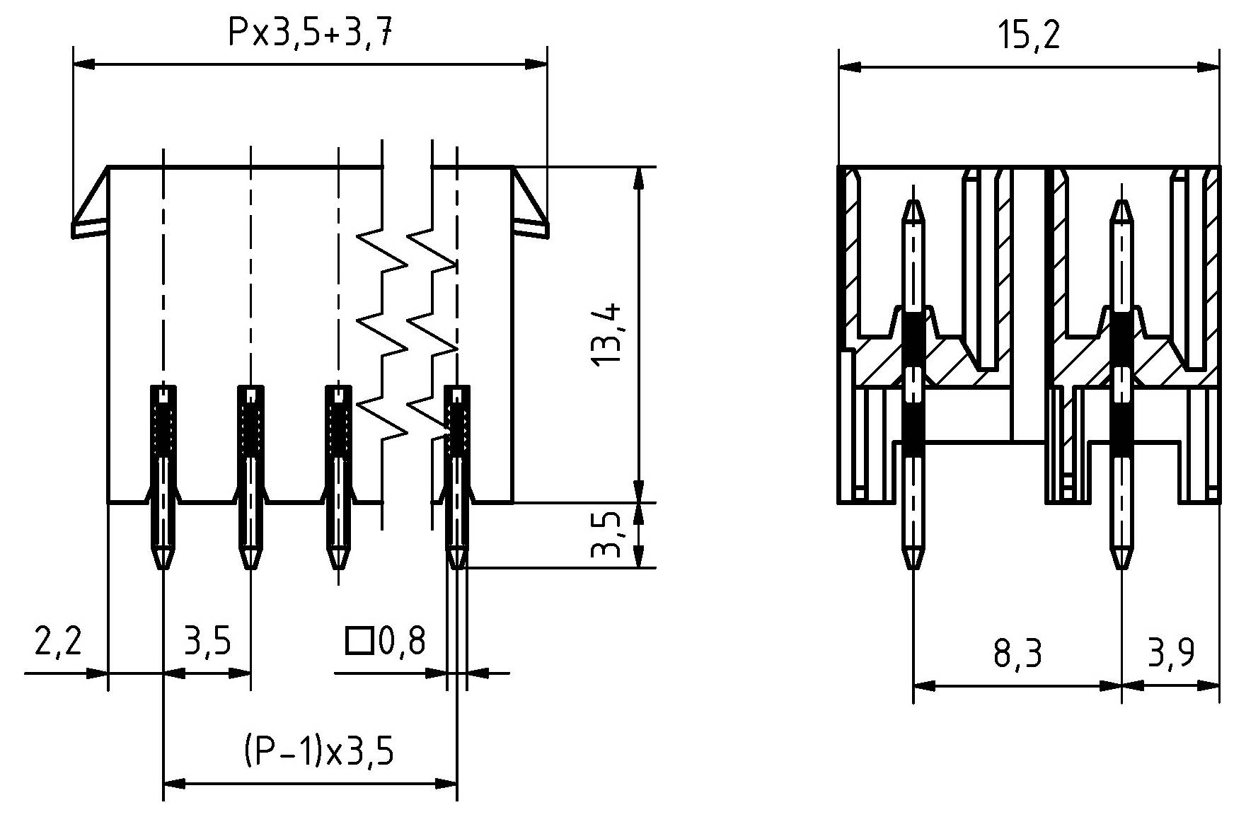 Technische Zeichnung eines Steckers mit Abmessungen. Die Vorderansicht zeigt vier Stifte; die Seitenansicht zeigt die Tiefe und Höhen: 13,4 mm, 3,5 mm, 15,2 mm.