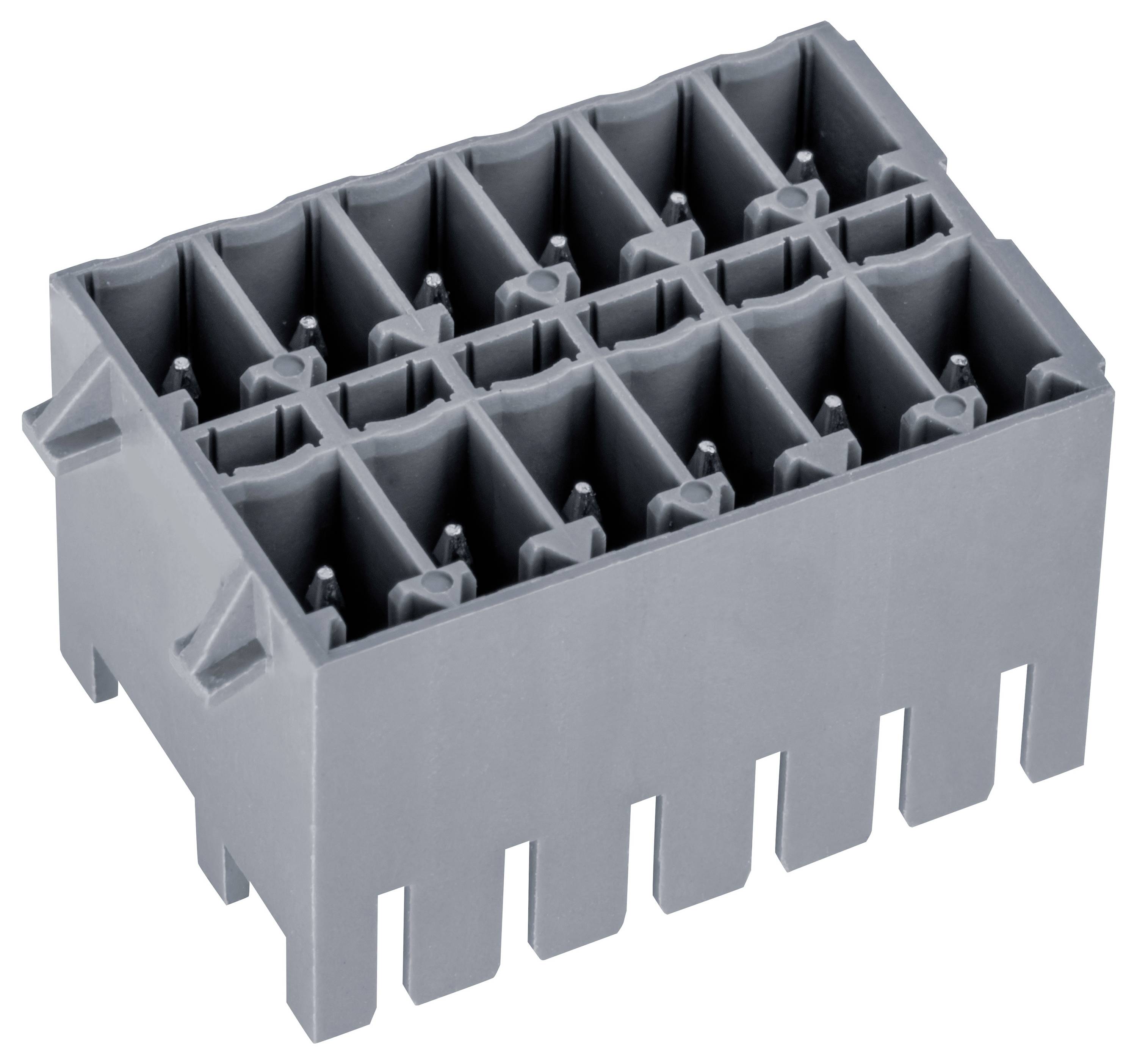 Eine graue, rechteckige Kunststoffkomponente mit zwei Reihen quadratischer Schlitze, wahrscheinlich für elektrische oder mechanische Anwendungen bestimmt.