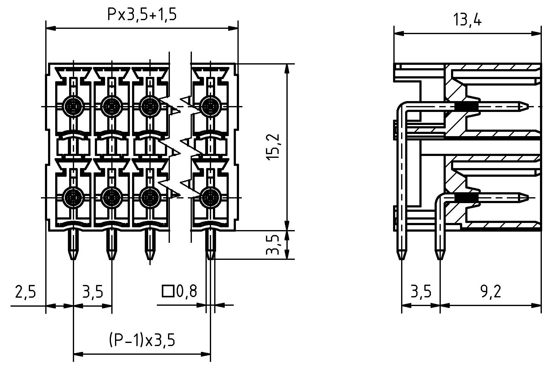 Technische Zeichnung eines Klemmblocks mit Abmessungen. Die Draufsicht zeigt drei Reihen mit Anschlussquellen. Die Seitenansicht veranschaulicht die Stapelhöhe und den Abstand der Steckverbinder.