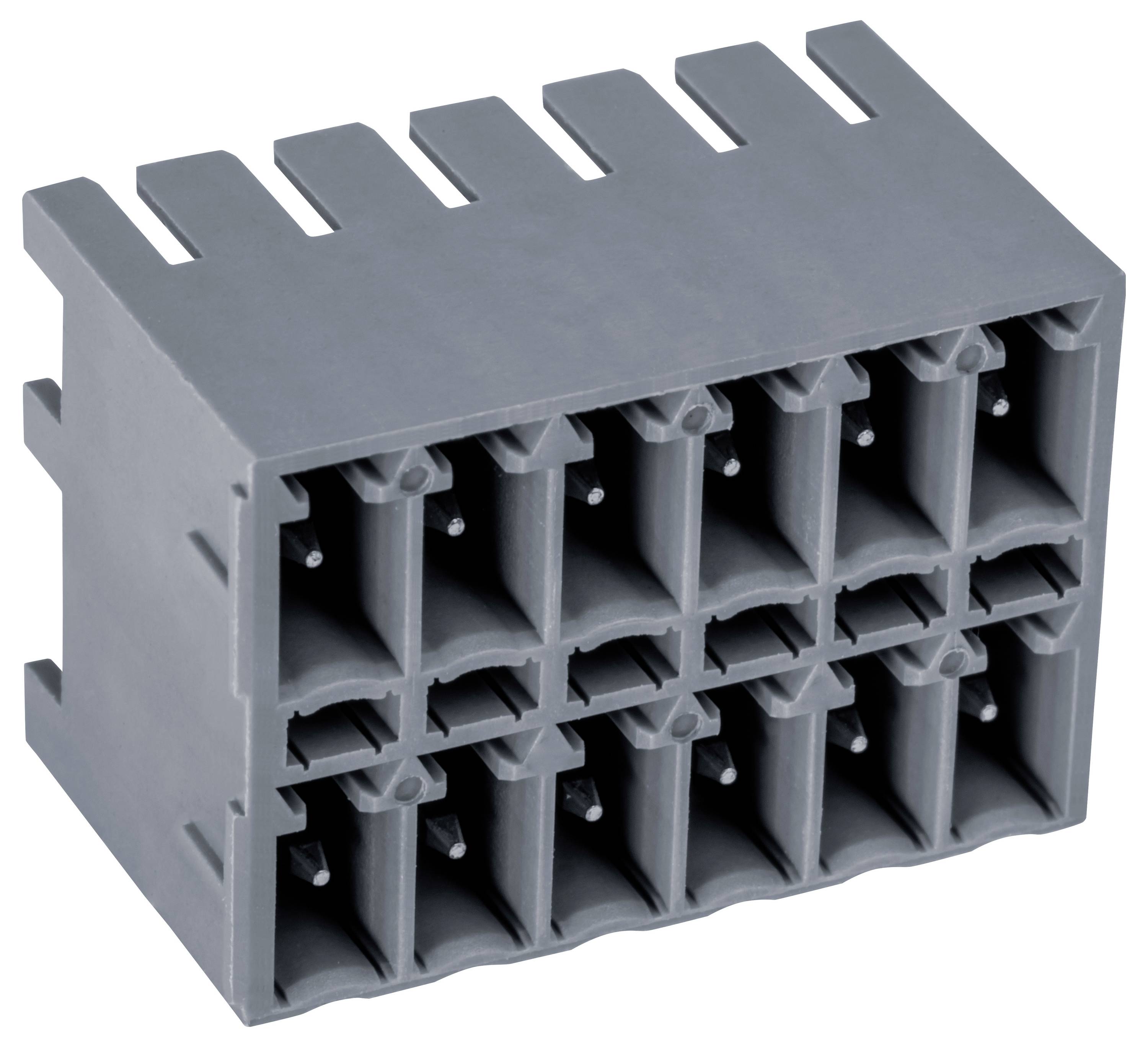 Ein rechteckiger grauer Kunststoff-Verbindungsblock mit mehreren Schlitzen in Gitteranordnung, der für elektrische Verbindungen verwendet wird.