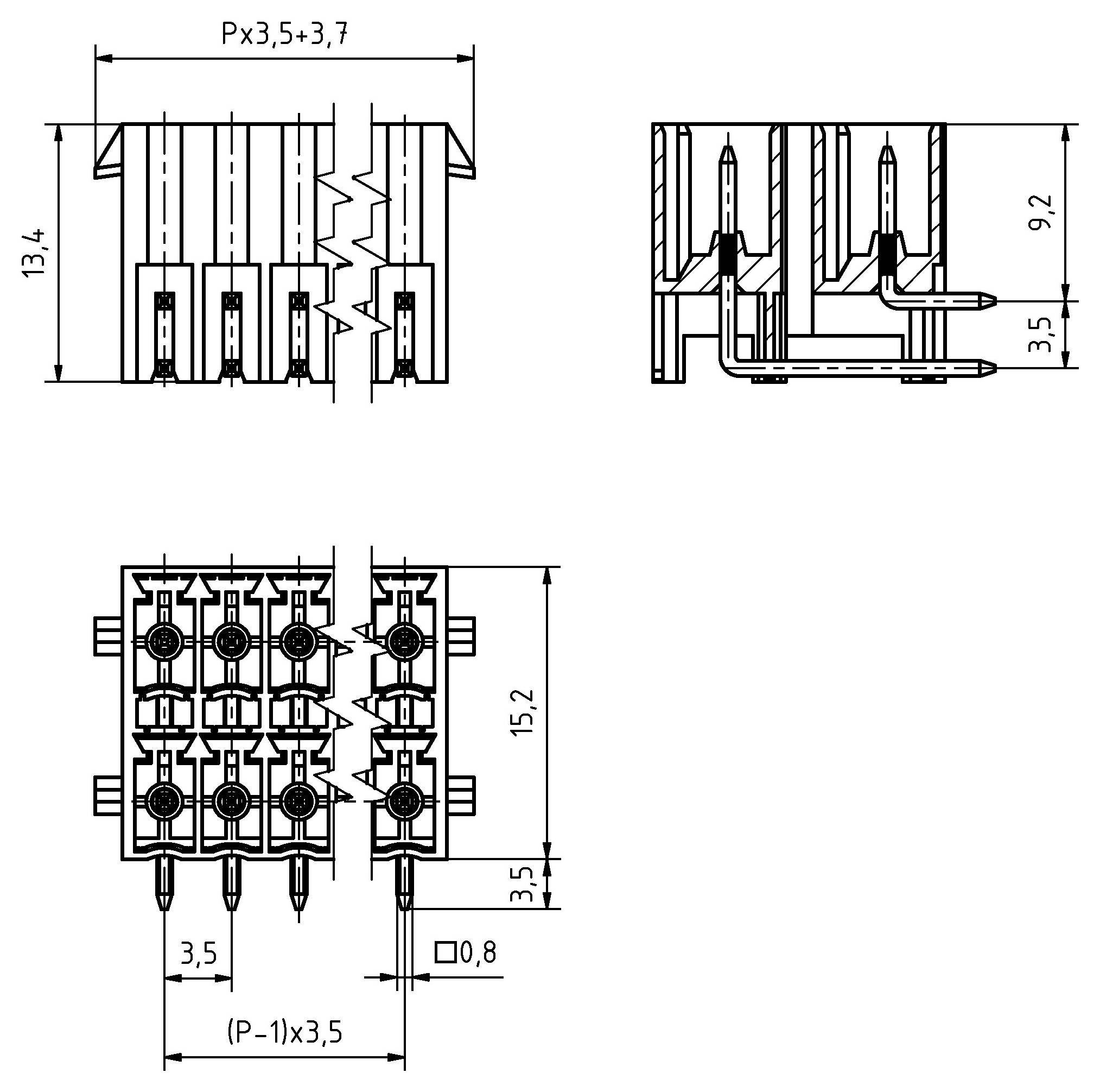 Technische Zeichnung eines elektronischen Steckers mit detaillierten Abmessungen in Millimetern, die Front-, Seiten- und Draufsicht zeigt.