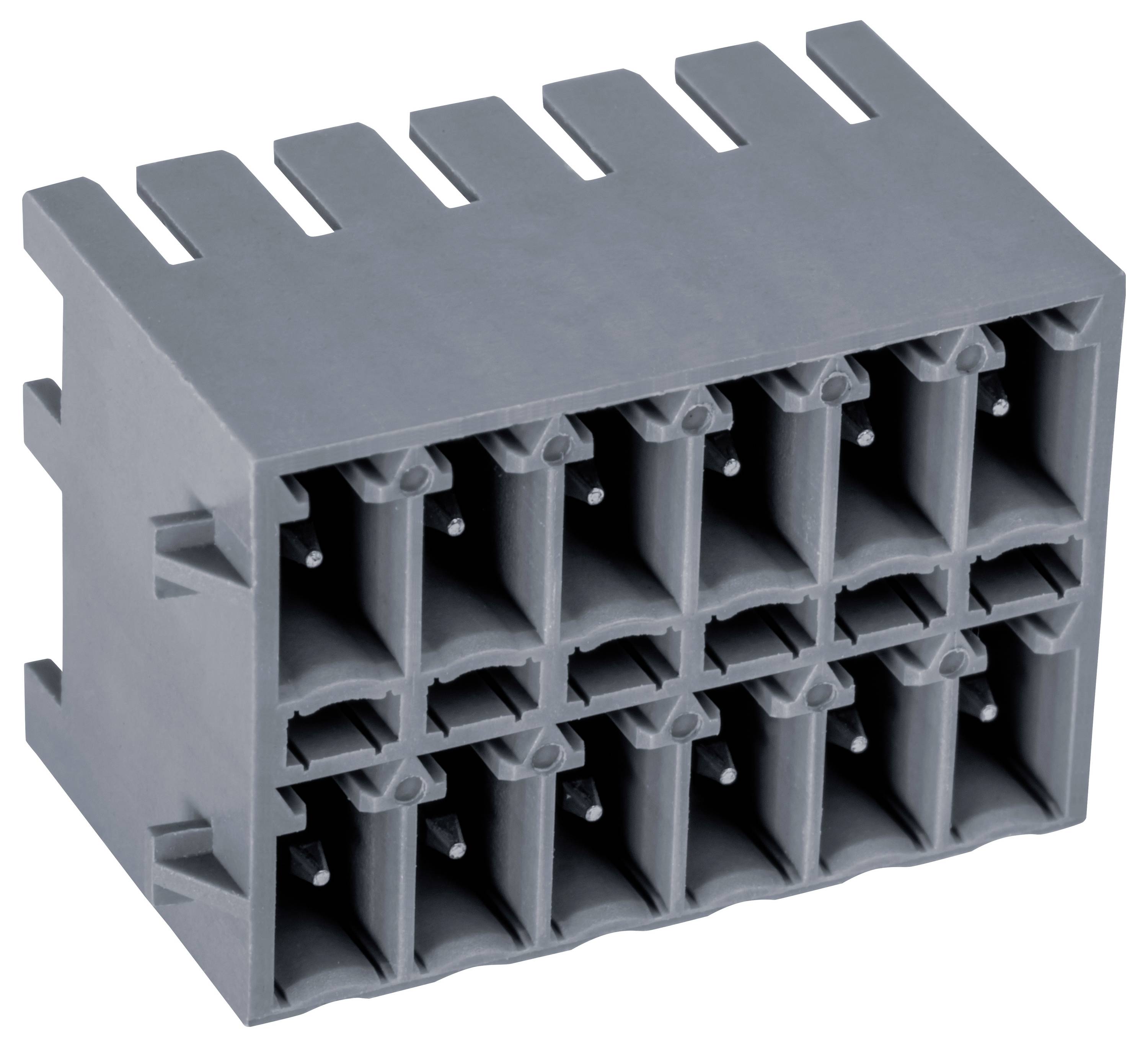 Ein grauer, rechteckiger Elektrostecker mit mehreren Schlitzen, die in Reihen und Spalten angeordnet sind.