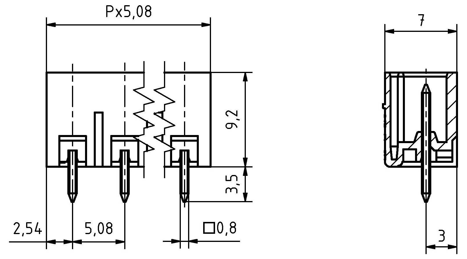 Technische Zeichnung eines dreipoligen elektrischen Steckers mit Abmessungen: Breite 5,08 mm, Pinabstand 2,54 mm und Höhe 9,2 mm.