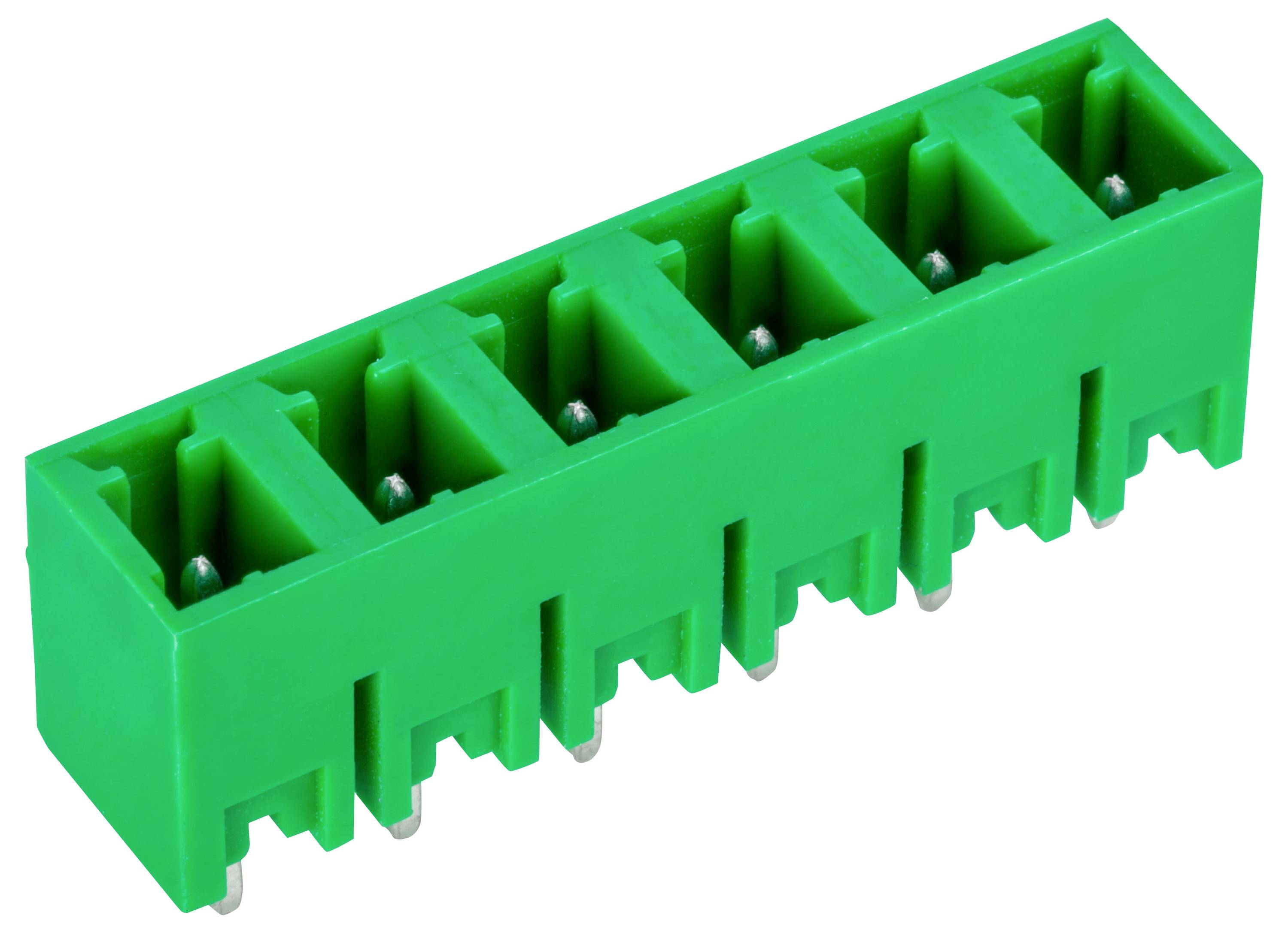 Ein grüner rechteckiger Anschlussblock mit sechs Steckplätzen, der typischerweise für elektronische Verbindungen verwendet wird.