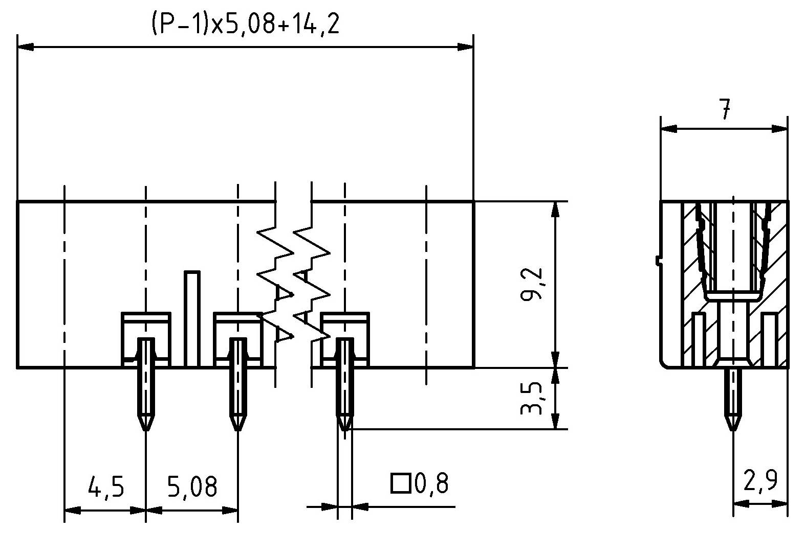 Technische Zeichnung einer rechteckigen elektronischen Komponente mit zwei hervorstehenden Stiften. Abmessungen: 4,5, 5,08, 2,9, 9,2 und 7 Einheiten.