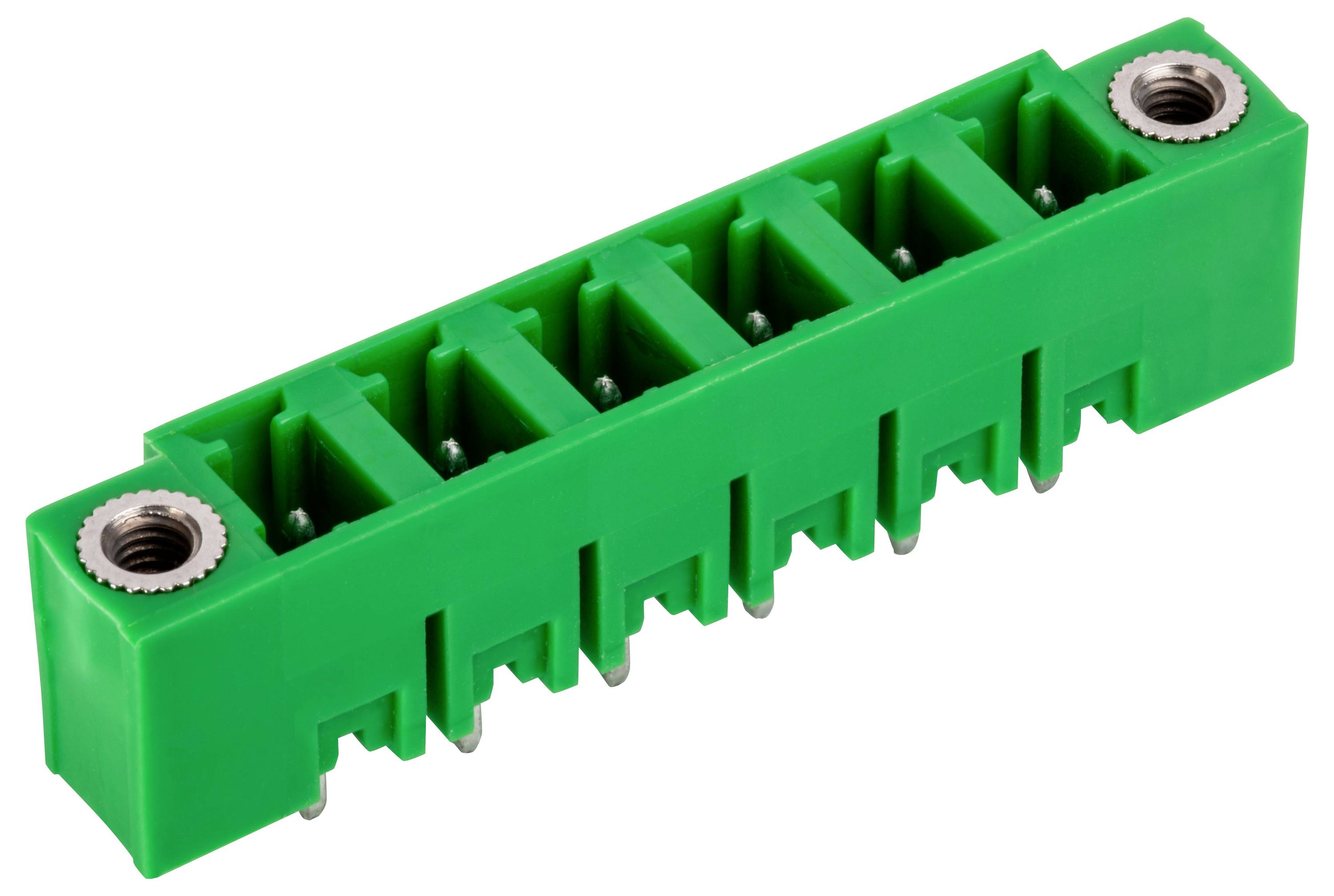 Ein grüner rechteckiger Elektrostecker mit acht Schlitzen und zwei Metallschraubenklemmen, der zum Sichern von Verdrahtungsverbindungen verwendet wird.