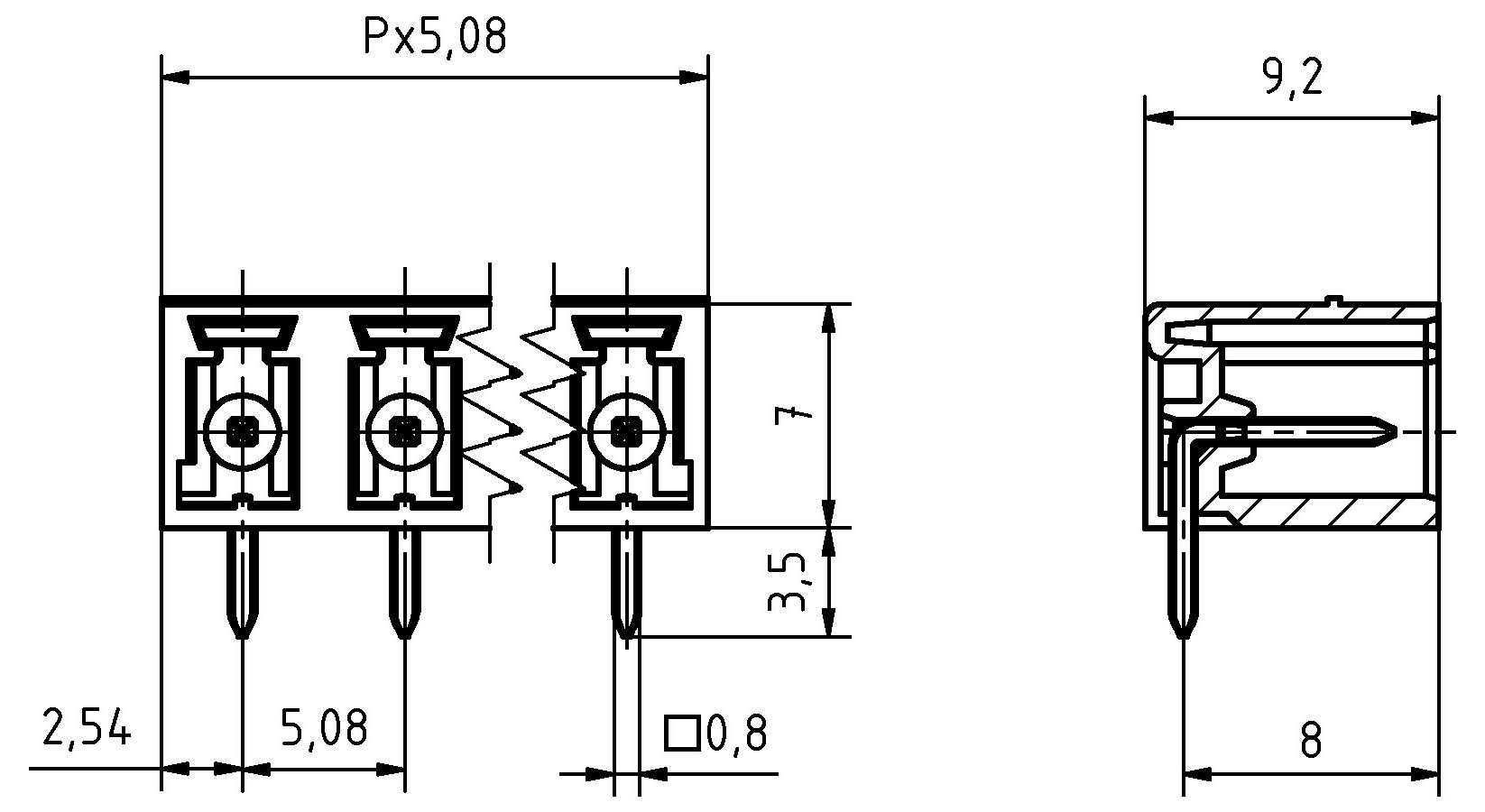 Technische Zeichnung eines dreipoligen Steckers mit Vorder- und Seitenansicht sowie Maßen: Breite 2,54, Abstand 5,08, Tiefe 8, Höhe 9,2.