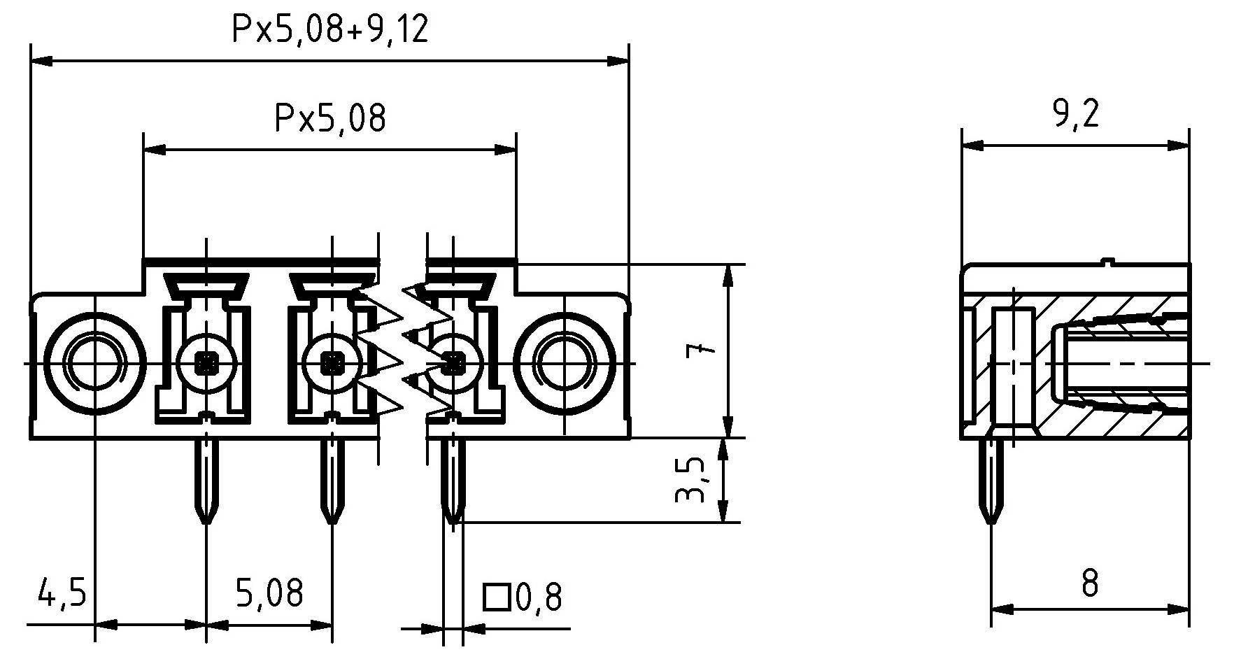 Abmessungen des Elektrosteckers: Breite 8,4 mm, Höhe 12 mm, Pinabstand 5 mm. Der Querschnitt zeigt 3 Stifte und detaillierte Abmessungen.