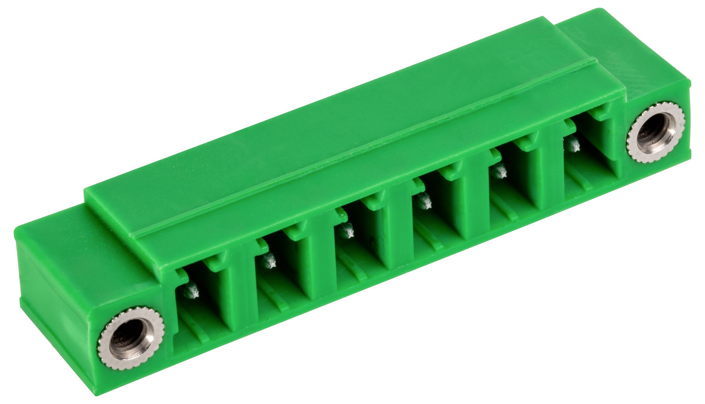 Grüner sechspoliger Schraubklemmenblock mit Schraubanschlüssen für Verdrahtungsanwendungen, ausgestattet mit Metallbefestigungseinsätzen an beiden Enden.