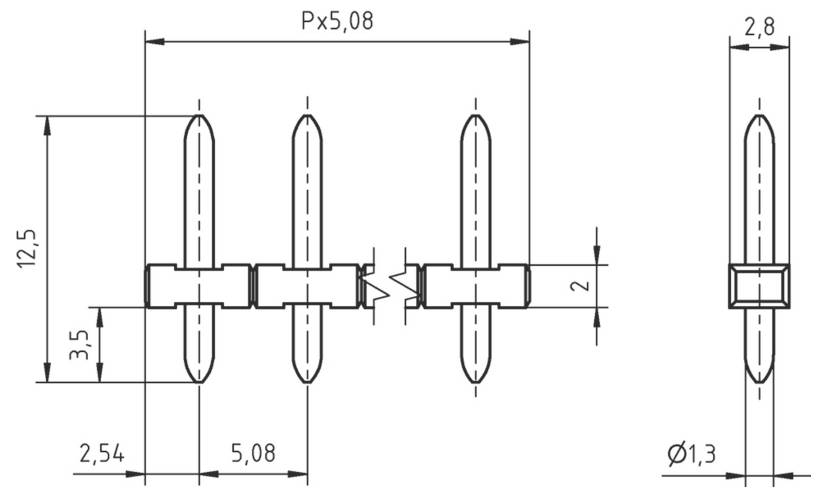 Technisches Schaltplan einer PCB-Klemmleistenkopfleiste. Zeigt Abmessungen: 12,5 mm Höhe, 2,54 mm Abstand, Stiftdurchmesser 1,3 mm.
