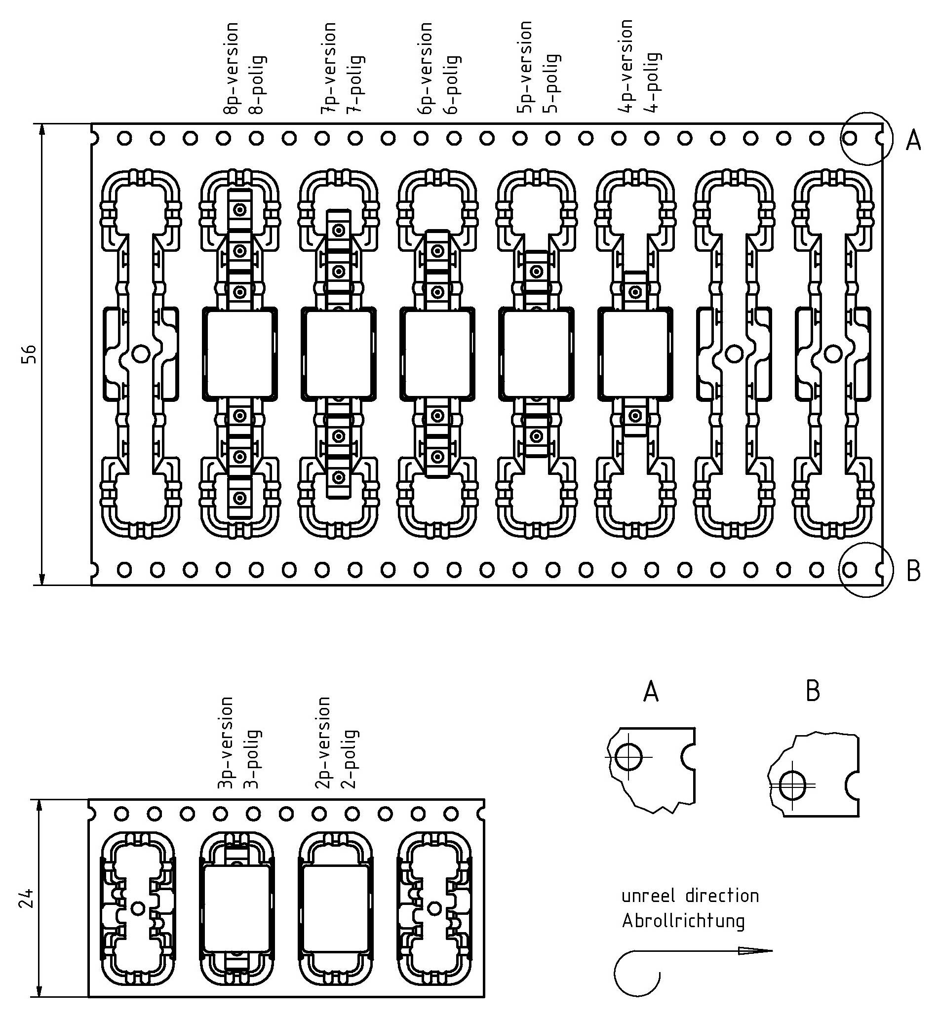 Technisches Diagramm, das ein Leiterplattenlayout mit Steckverbindern mit den Bezeichnungen „2-polig