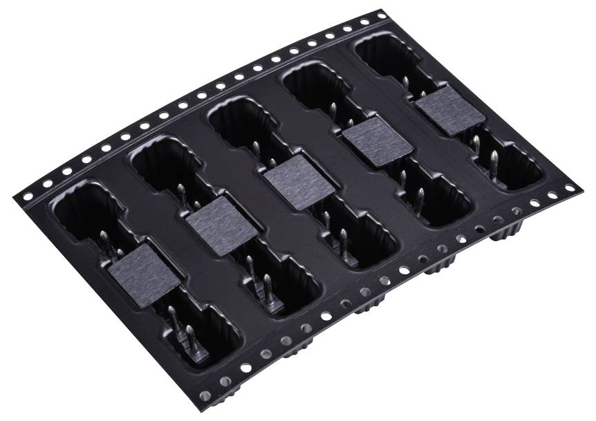 Schwarzes Kunststoffblech mit Fächern zur Aufbewahrung elektronischer Komponenten, wobei jeder Schlitz einen quadratischen Gegenstand enthält, vor weißem Hintergrund.