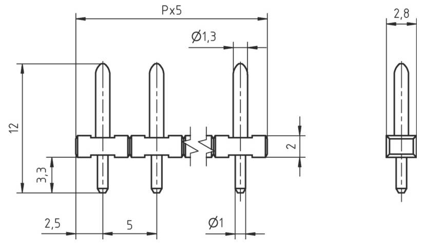 Technische Zeichnung eines 3-poligen Steckers. Abmessungen: Höhe 12 mm, Stiftdurchmesser 1,3 mm, Stiftabstand 5 mm und Gesamtbreite 2,8 mm.