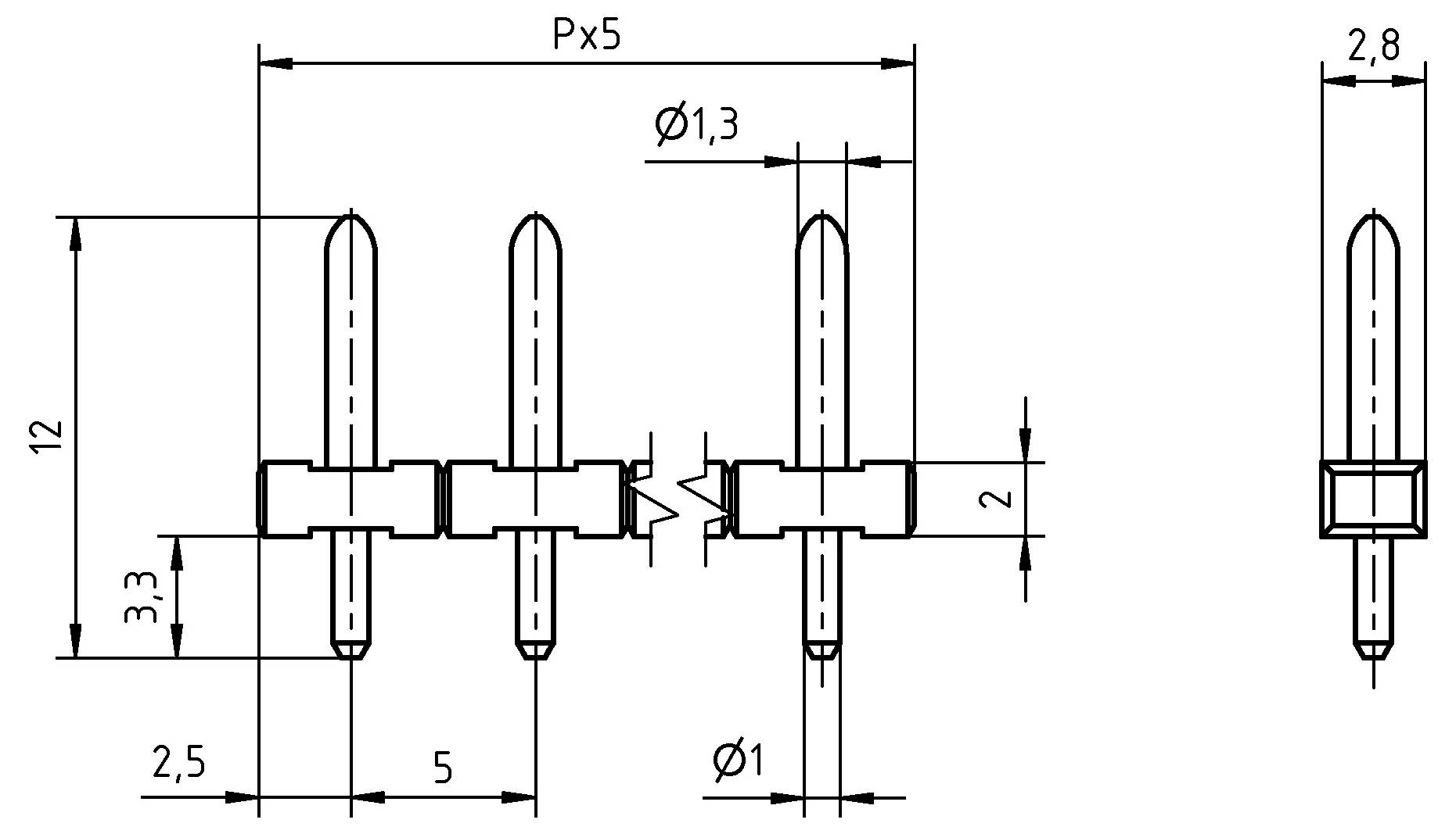 „Diagramm eines Steckers mit drei Stiften. Beschriftete Abmessungen: Stiftabstand Px5, Höhe 12, Stiftdurchmesser Ø1,3, Gesamtbreite 2,8.