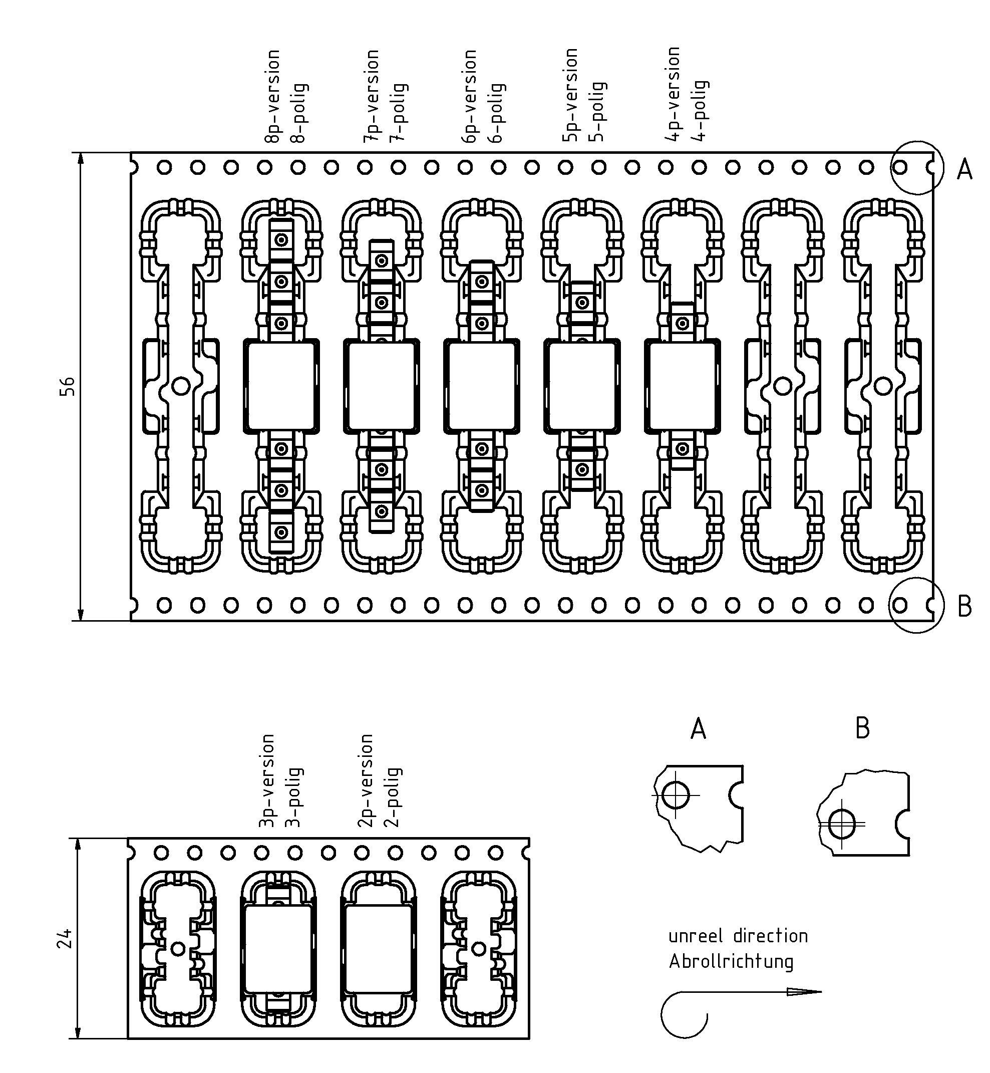Technische Zeichnung eines 6-poligen Steckverbindungsgehäuses mit Abmessungen. Umfasst Draufsicht, Seitenansicht sowie Details A und B für die Produktion.