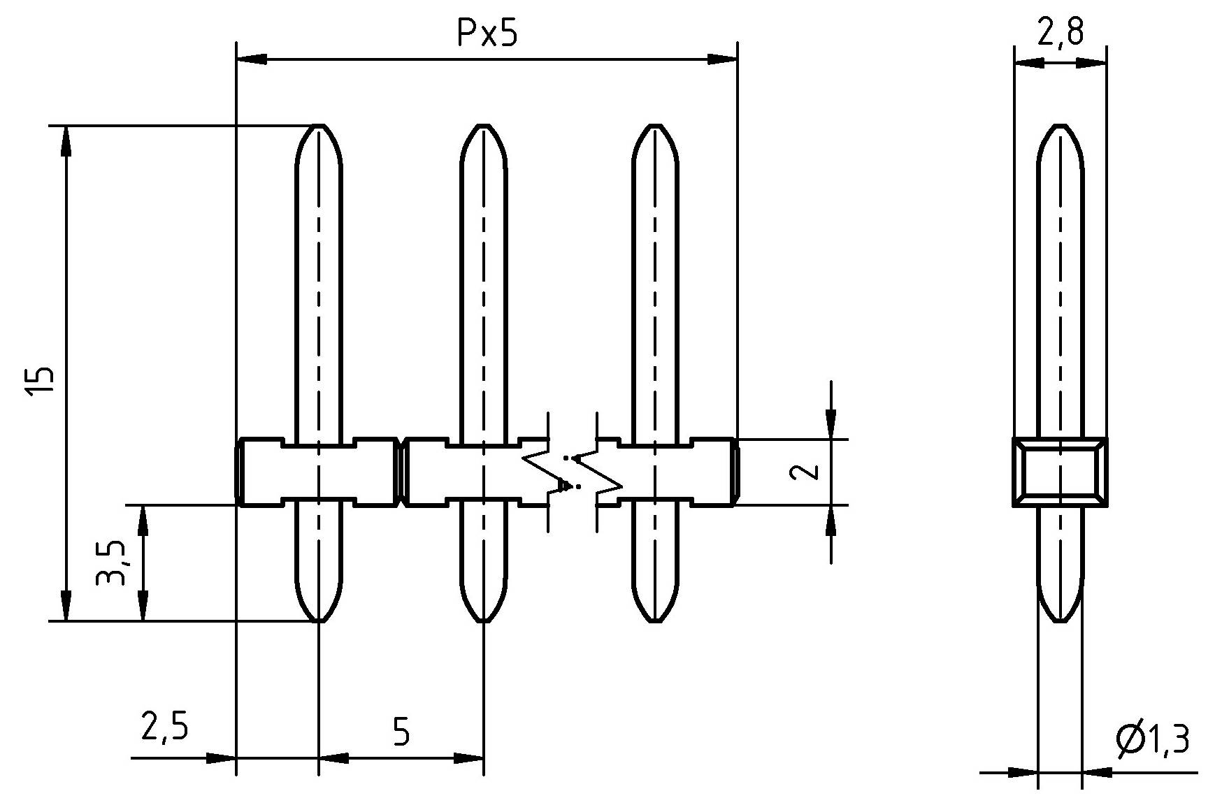 Technische Zeichnung eines Steckers mit vier Stiften, beschriftet mit Abmessungen: Stiftabstand 5 mm, Höhe 15 mm und Breite 2,5 mm.