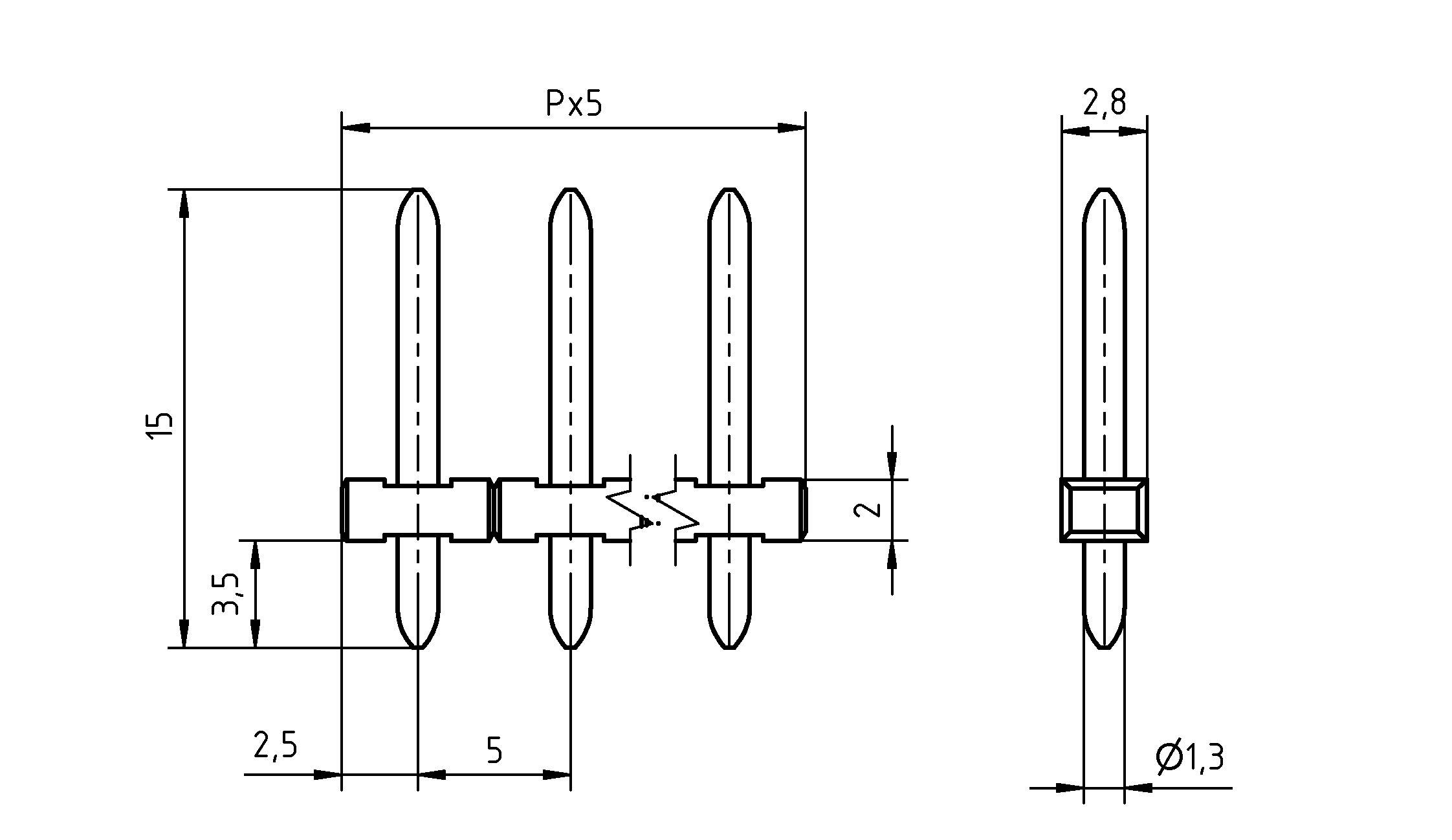 Schematische Darstellung eines Steckers mit Abmessungen: Breite 2,5 mm, Höhe 15 mm, Stiftabstand P × 5 mm, Stiftdurchmesser Ø 1,3 mm.