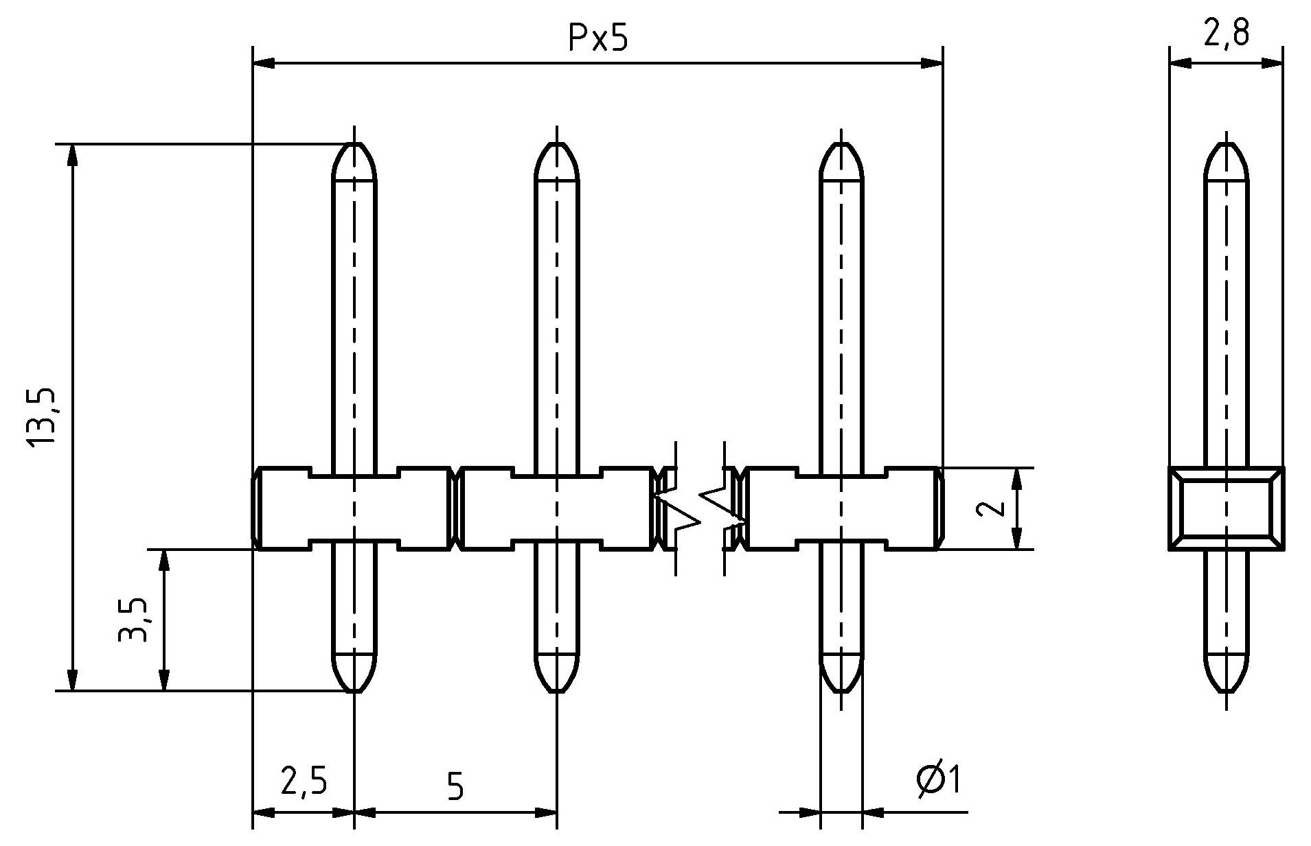 Eine technische Zeichnung eines Steckverbinder-Pinlayouts, das Abmessungen mit Messungen in Millimetern zeigt. Sie enthält drei vertikale Stifte und Beschriftungen.