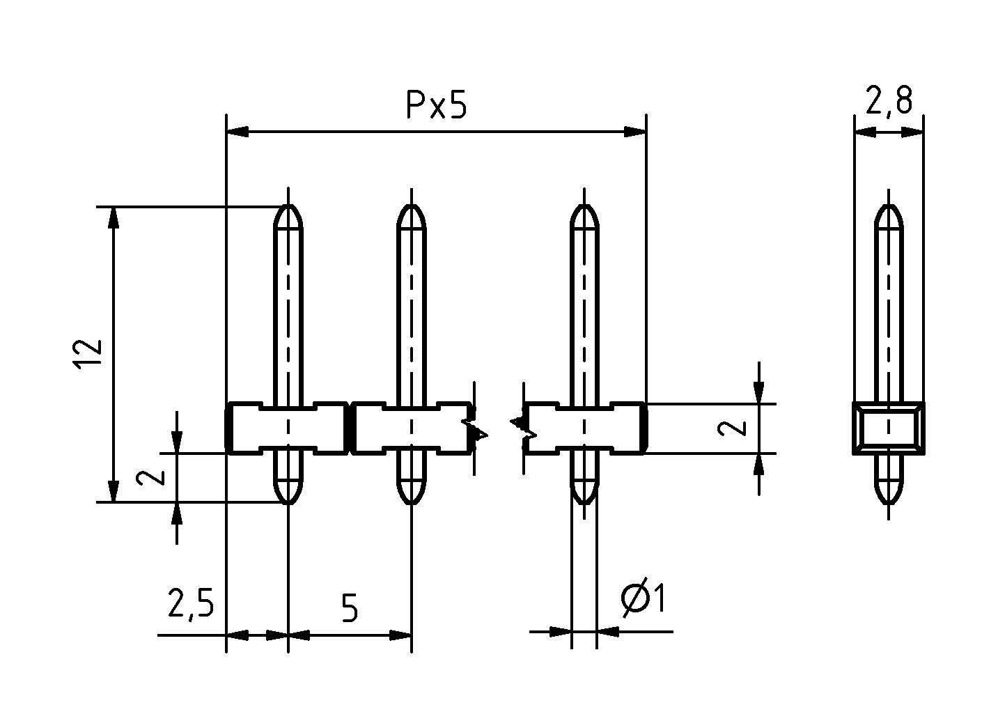 Technisches Diagramm mit Maßangaben einer Komponentenserie mit Abmessungen: Höhe 12, Breite 2,5, wiederholter Abstand Px5 und Durchmesser Ø1.