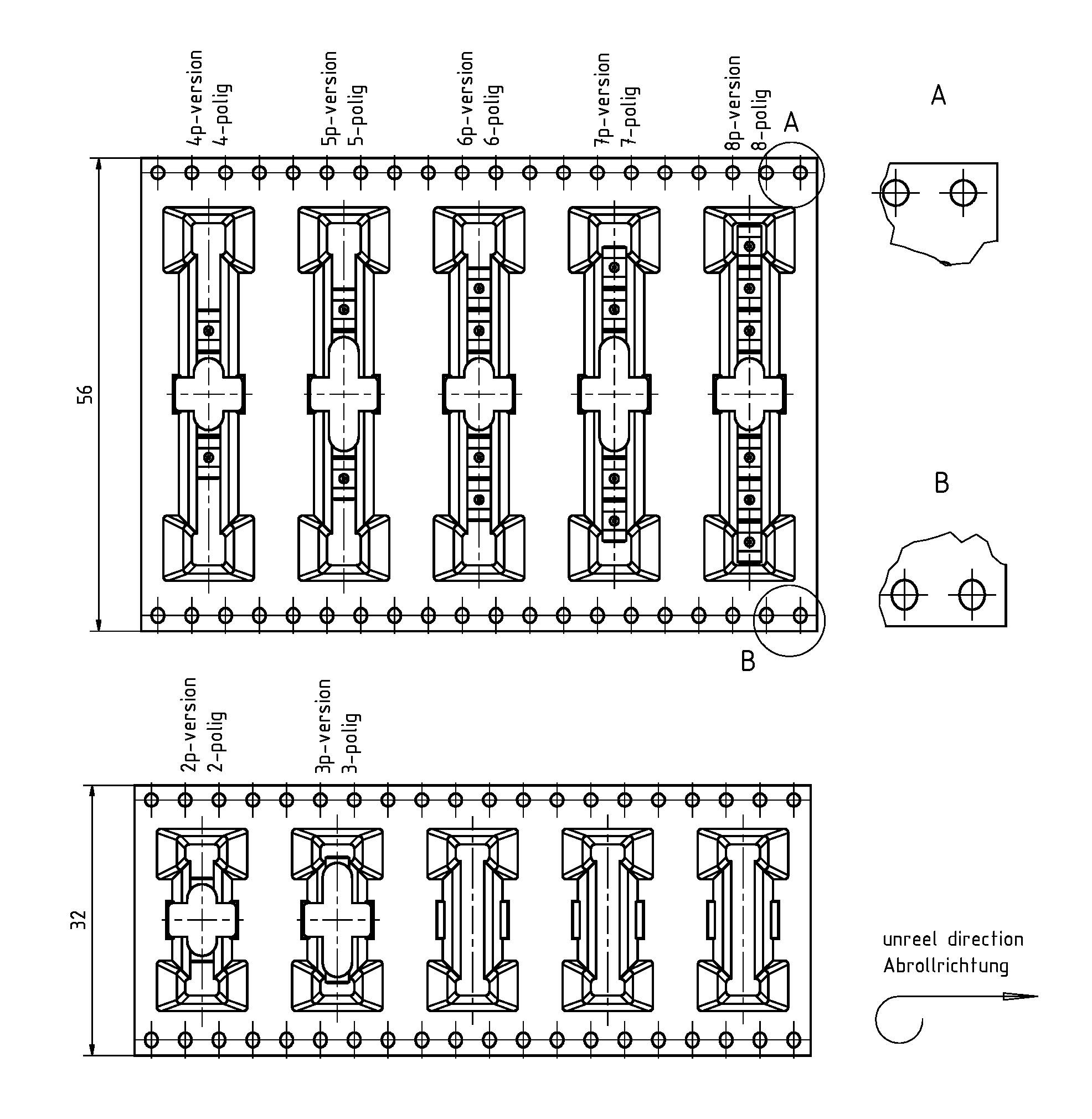 Diagramm mit einer Serie von Steckkonfigurationen, die paarweise als 4-Pol und 6-Pol gekennzeichnet sind. Pfeile zeigen die Einsatzrichtungen an.
