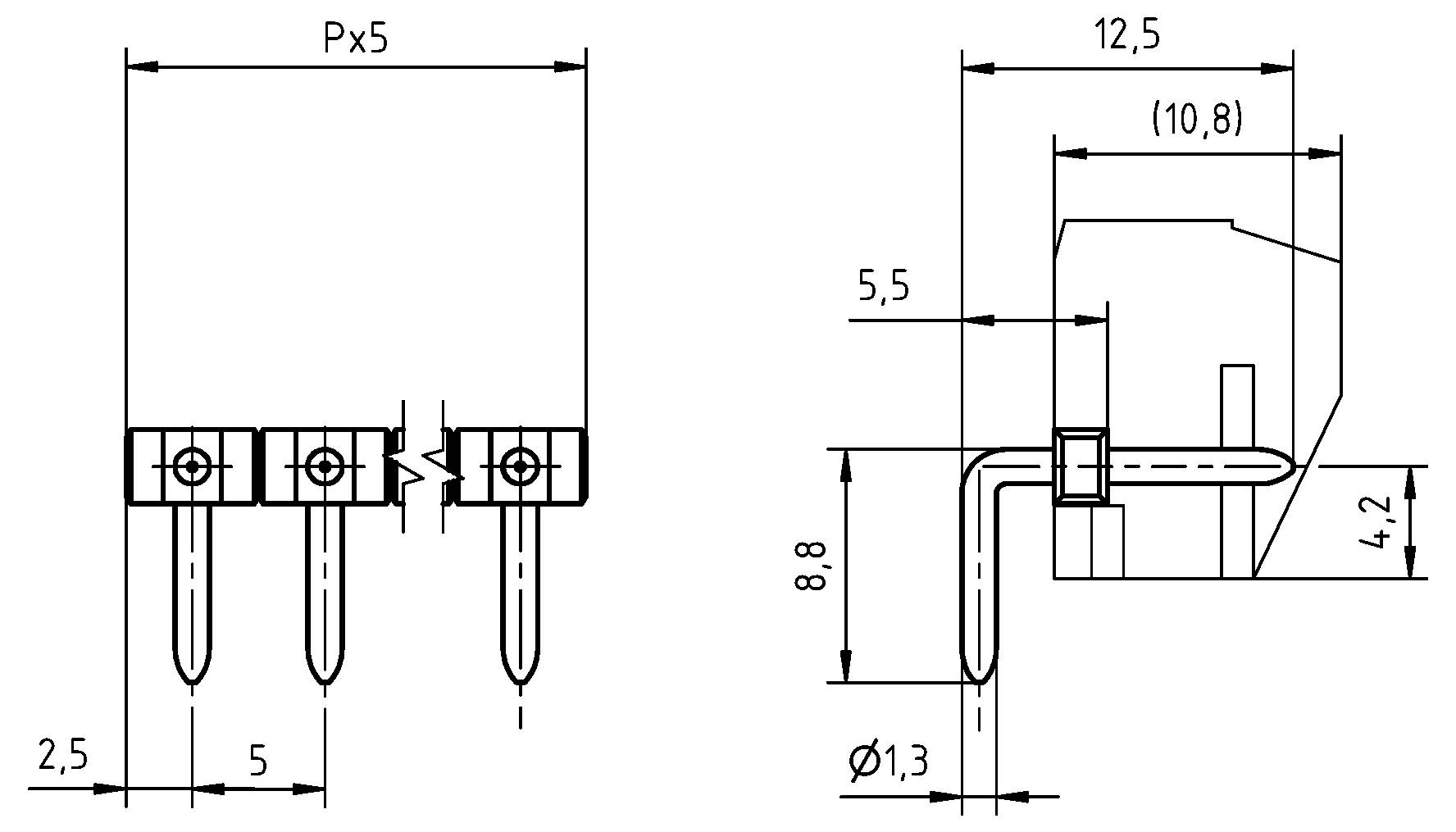 Technische Zeichnung eines Komponenten mit drei Stiften. Vorderansicht zeigt Abmessungen: 2,5 mm, Abstand P×5. Seitenansicht Abmessungen: 12,5 mm, 10,8 mm, 8,8 mm, 5,5 mm, 4,2 mm, Stiftdurchmesser Ø1,3 mm.
