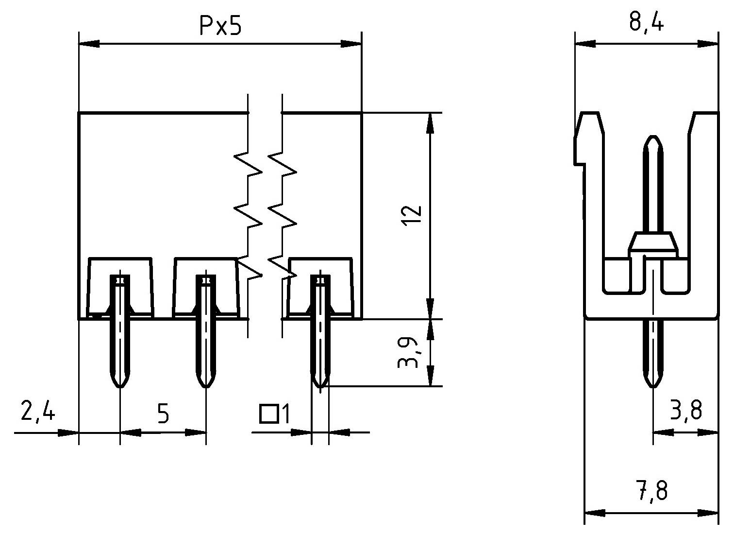 Diagramm mit technischen Spezifikationen einer elektronischen Komponente. Abmessungen sind in Millimetern angegeben, einschließlich Höhe (12 mm) und Pinabstand.