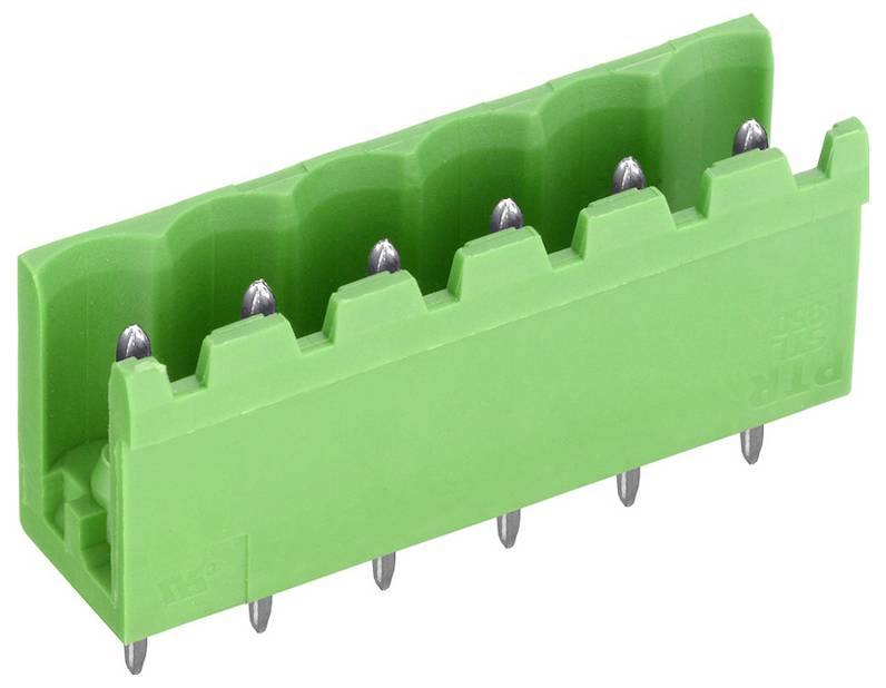 Ein grünes PCB-Klemmenbrett mit mehreren Stiften für elektrische Verbindungen, von einer Seitenperspektive gezeigt.
