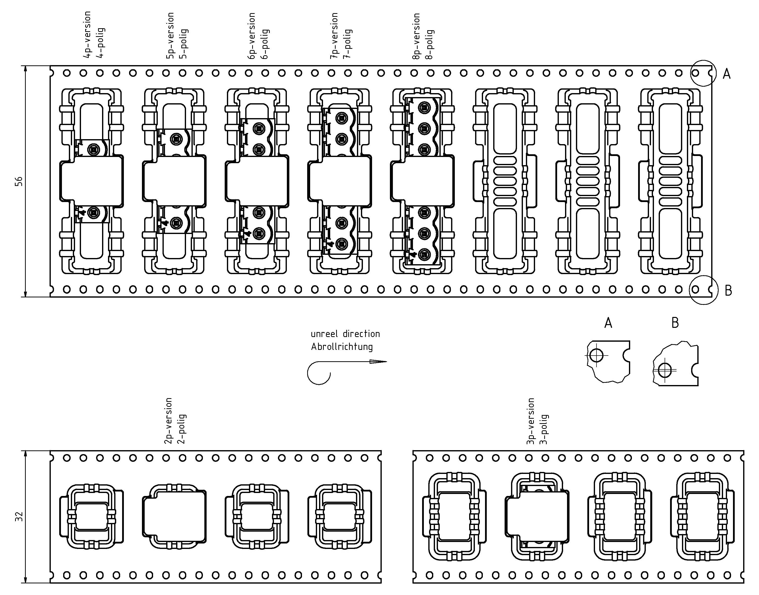 Elektrisches Schaltschema für einen Transformator-Aufbau, das Verbindungen und Abmessungen zeigt. Enthält Beschriftungen für Schichtabstände und Richtungen A, B.
