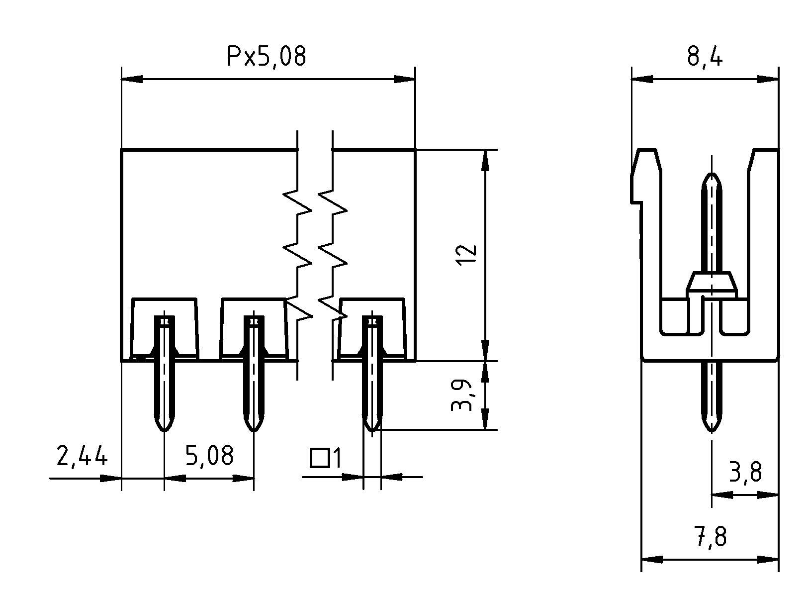 Technische Zeichnung einer elektrischen Komponente mit Abmessungen: 2,44 mm, 5,08 mm, 12 mm Höhe, 8,4 mm Breite, 3,9 mm Ausschnitt.