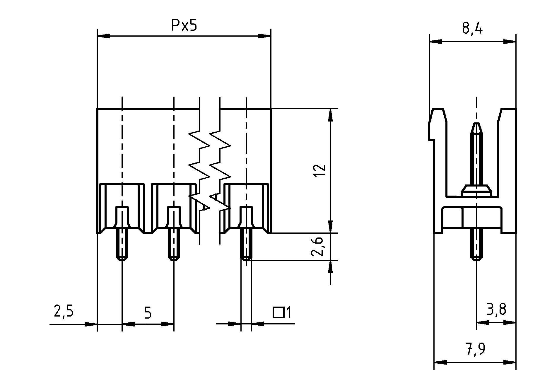 Technisches Diagramm mit den Abmessungen eines Steckers. Breite: 2,5 mm, Höhe: 12 mm, Abstand: Px5. Seitenansicht: Höhe 8,4 mm, Breite 7,9 mm.