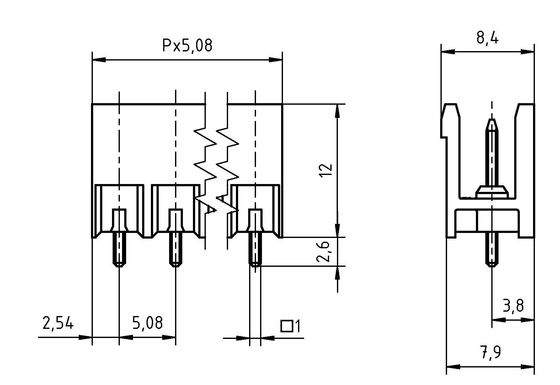 Technisches Schaltbild mit Abmessungen einer elektronischen Komponente: Höhe 12 mm, Breite 8,4 mm, Stiftabstand 5,08 mm, weitere Schlüsselgrößen gekennzeichnet.