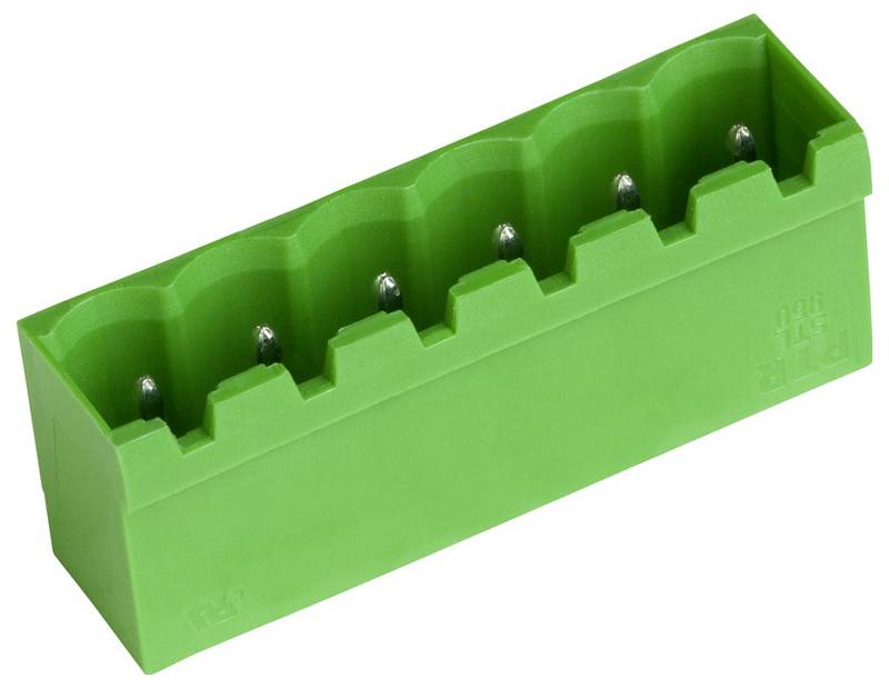 Ein grüner Kunststoffverbindungsblock mit sechs Metallanschlüssen im Inneren, der für elektrische Verbindungen verwendet wird.