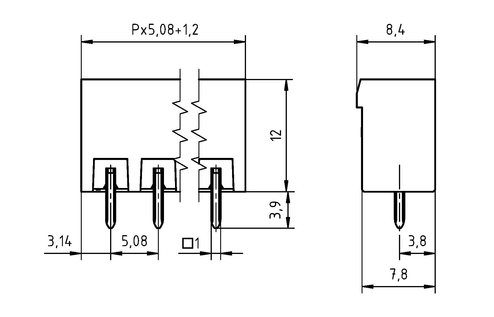Technische Zeichnung einer elektronischen Komponente mit beschrifteten Abmessungen: 12x8,4 mm, Pinabstand 5,08 mm, Höhe 3,9 mm.