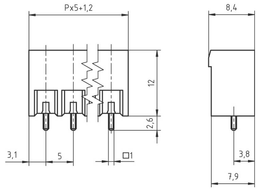 Technisches Diagramm eines Steckers mit Front- und Seitenansichten. Die Abmessungen umfassen Breite: 3,1, 5, 12 mm; Höhe: 2,6, 3,8, 7,9 mm.