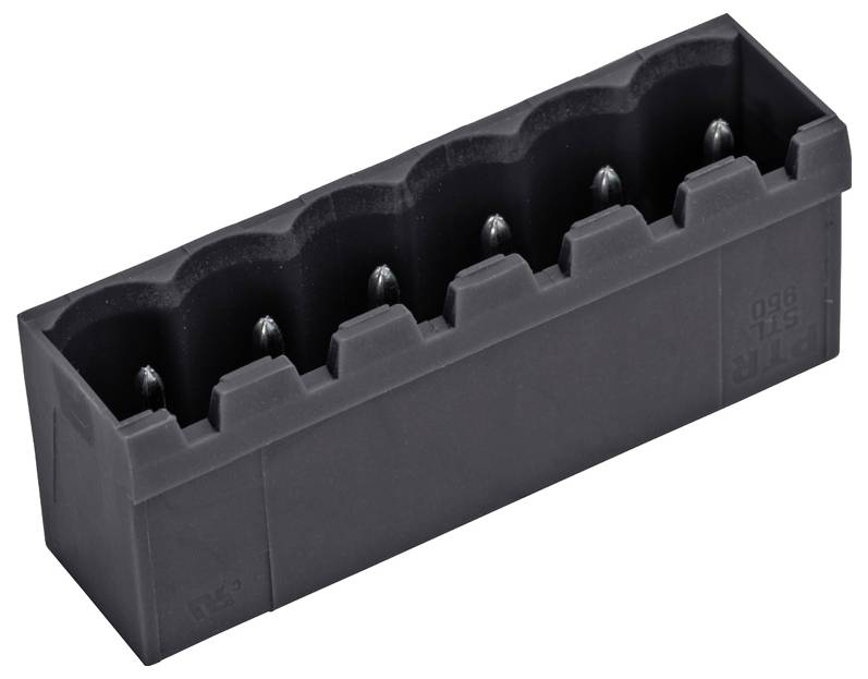 Ein grüner Klemmleistenkonnektor mit fünf Anschlüssen, der für Verdrahtungsverbindungen verwendet wird, dargestellt in einer Nahaufnahme.