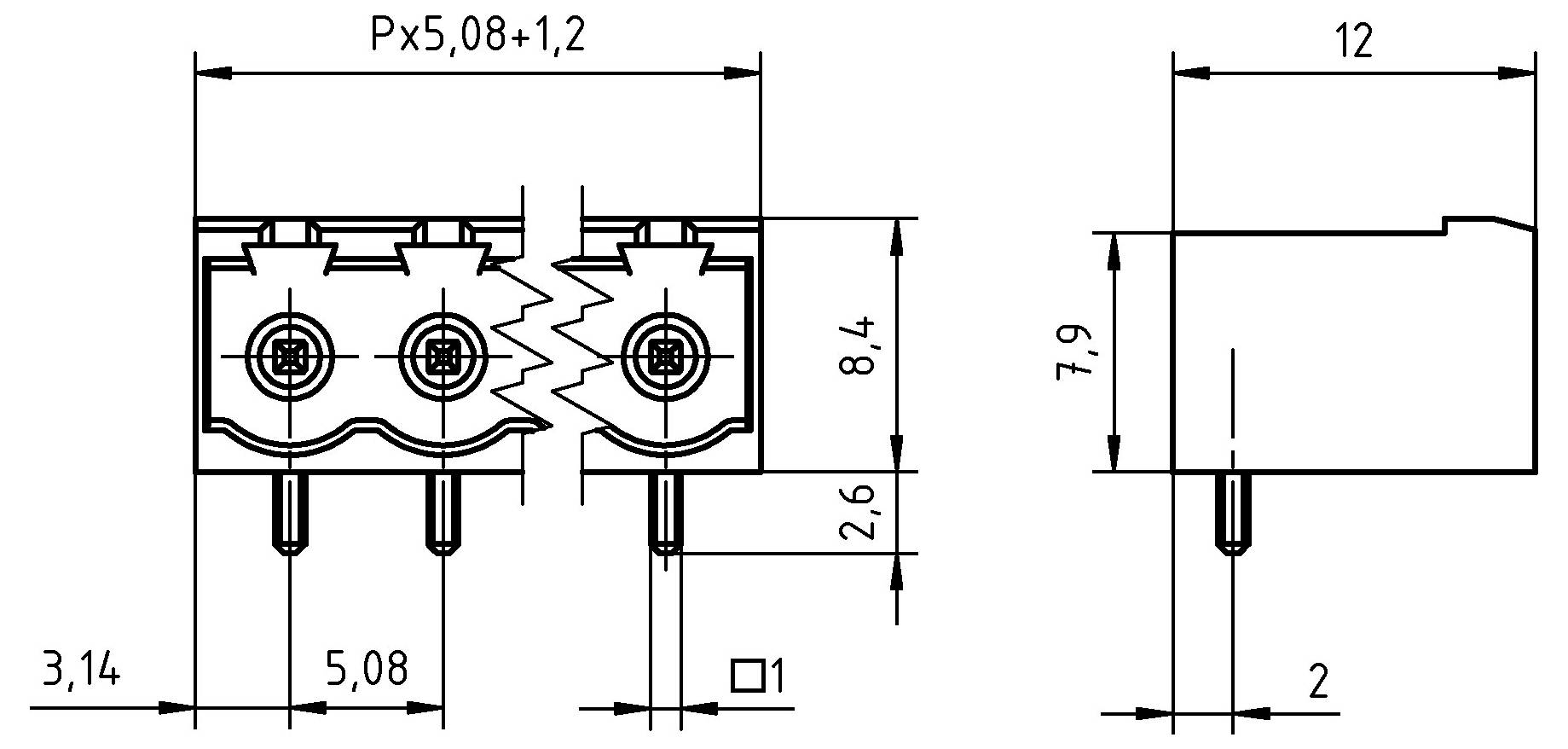Technische Zeichnung eines elektronischen Anschlusses: Vorder- und Seitenansicht mit Maßangaben in Millimetern; zeigt zwei Buchsen und drei Stifte.