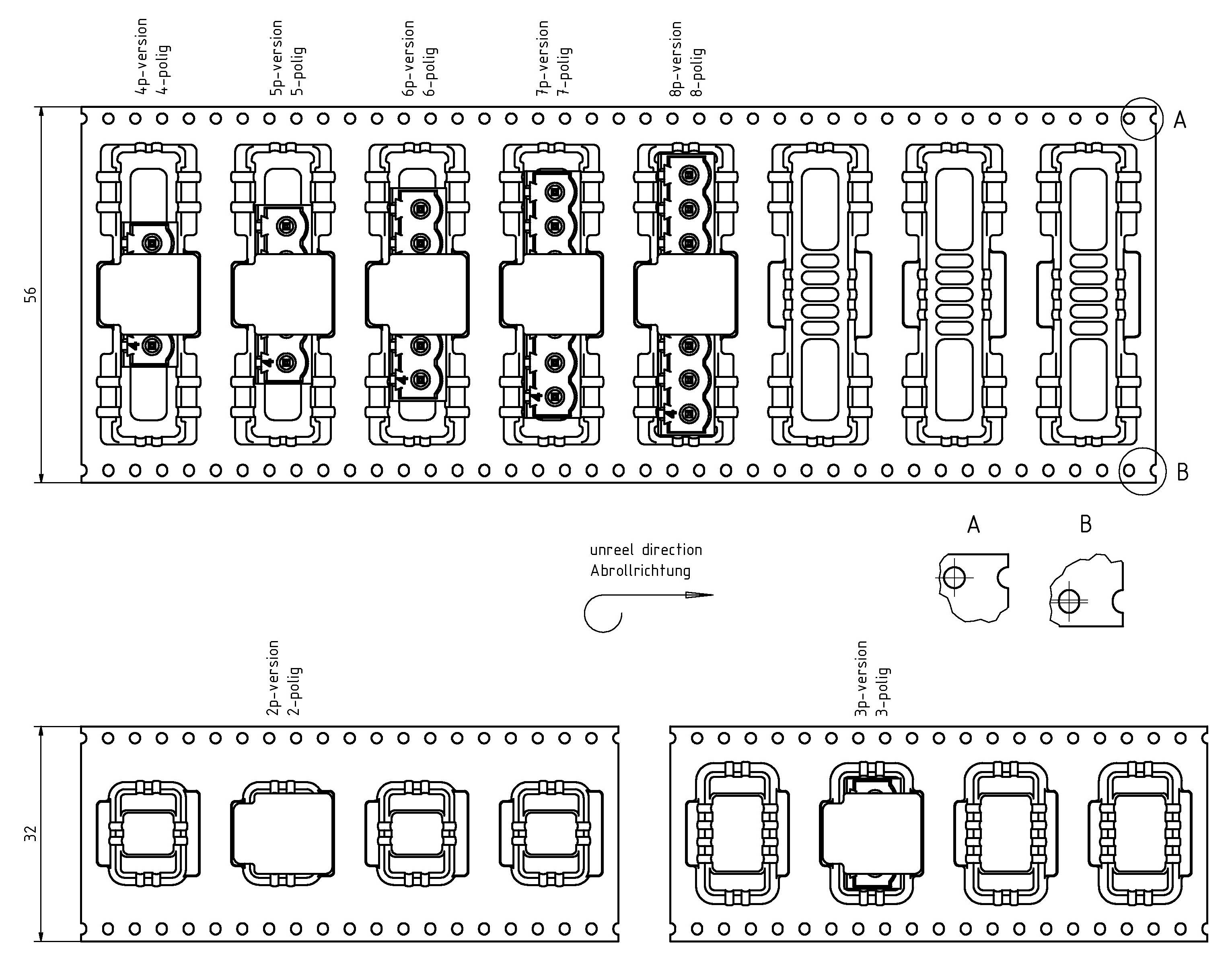 Diagramm eines Metallstanzlayouts mit mehreren Teilen, die zur Produktionseffizienz angeordnet sind. Enthält Spezifikationen und Stanzrichtung.