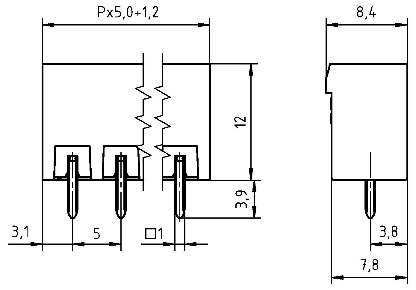 Technische Zeichnung eines Steckers mit Abmessungen: Breite 8,4 mm, Höhe 12 mm, Stiftabstand 5 mm und Stifthöhe 3,9 mm. Seitenansicht inbegriffen.